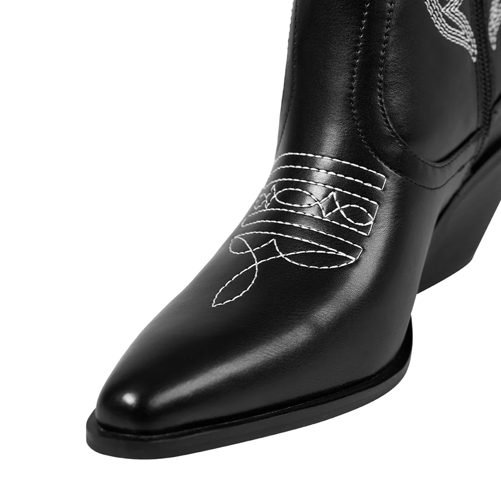 Embroidered Pointed Toe Cowboy Ankle Boots With Block Heel - Black - Image 6
