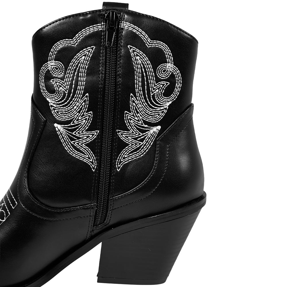 Embroidered Pointed Toe Cowboy Ankle Boots With Block Heel - Black - Image 7