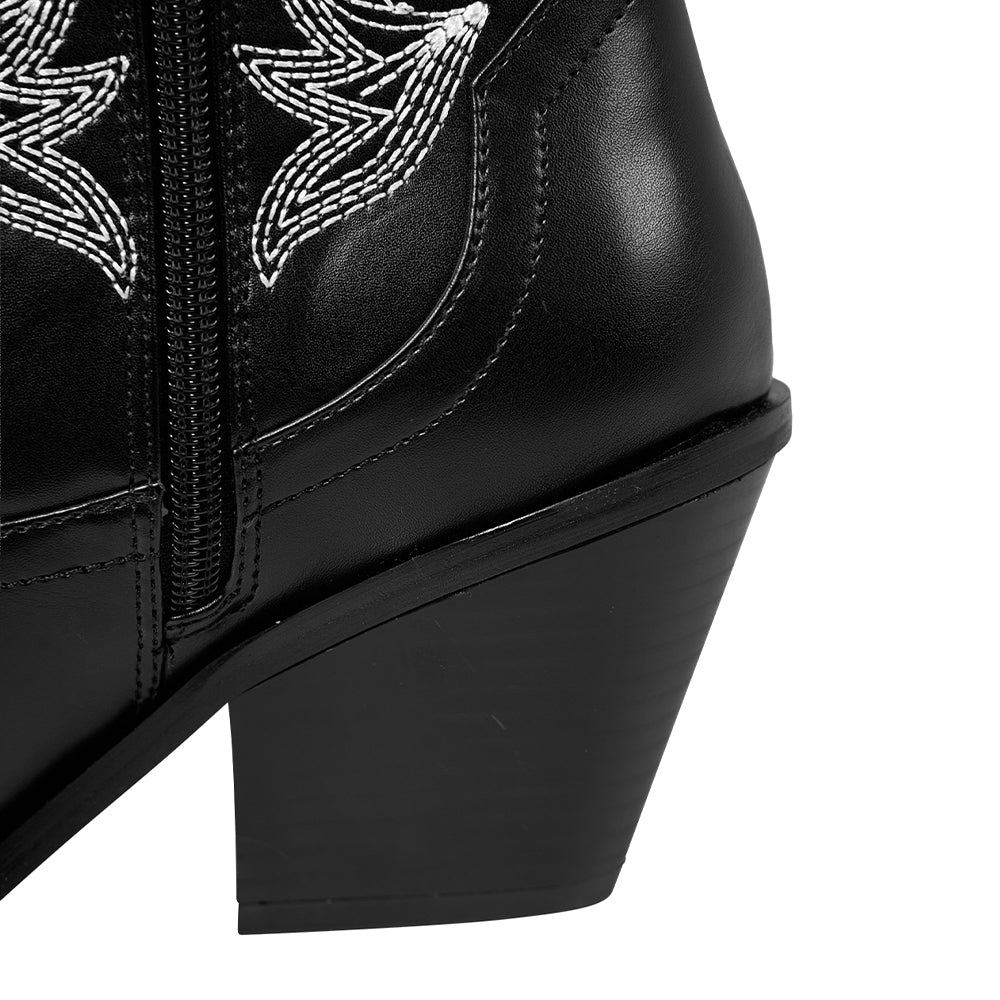 Embroidered Pointed Toe Cowboy Ankle Boots With Block Heel - Black - Image 8