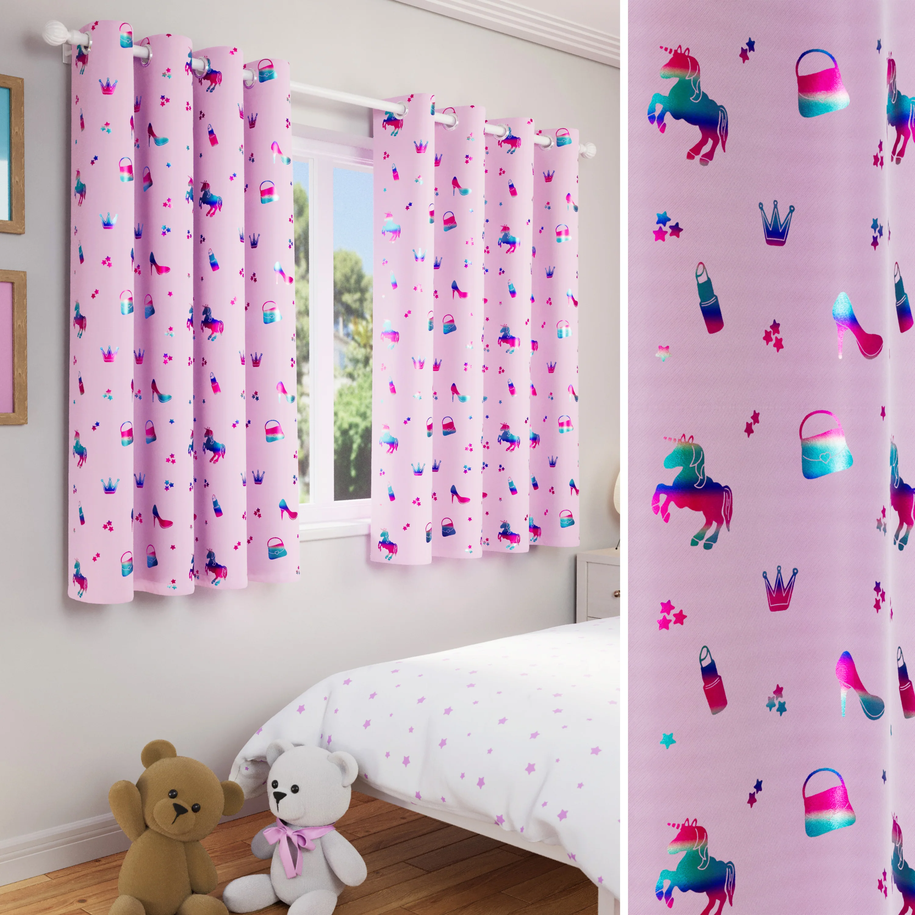 Enhanced Living Charm Room Darkening Thermal Pink Metallic Print Kid's Eyelet Curtains - Pink - Image 2