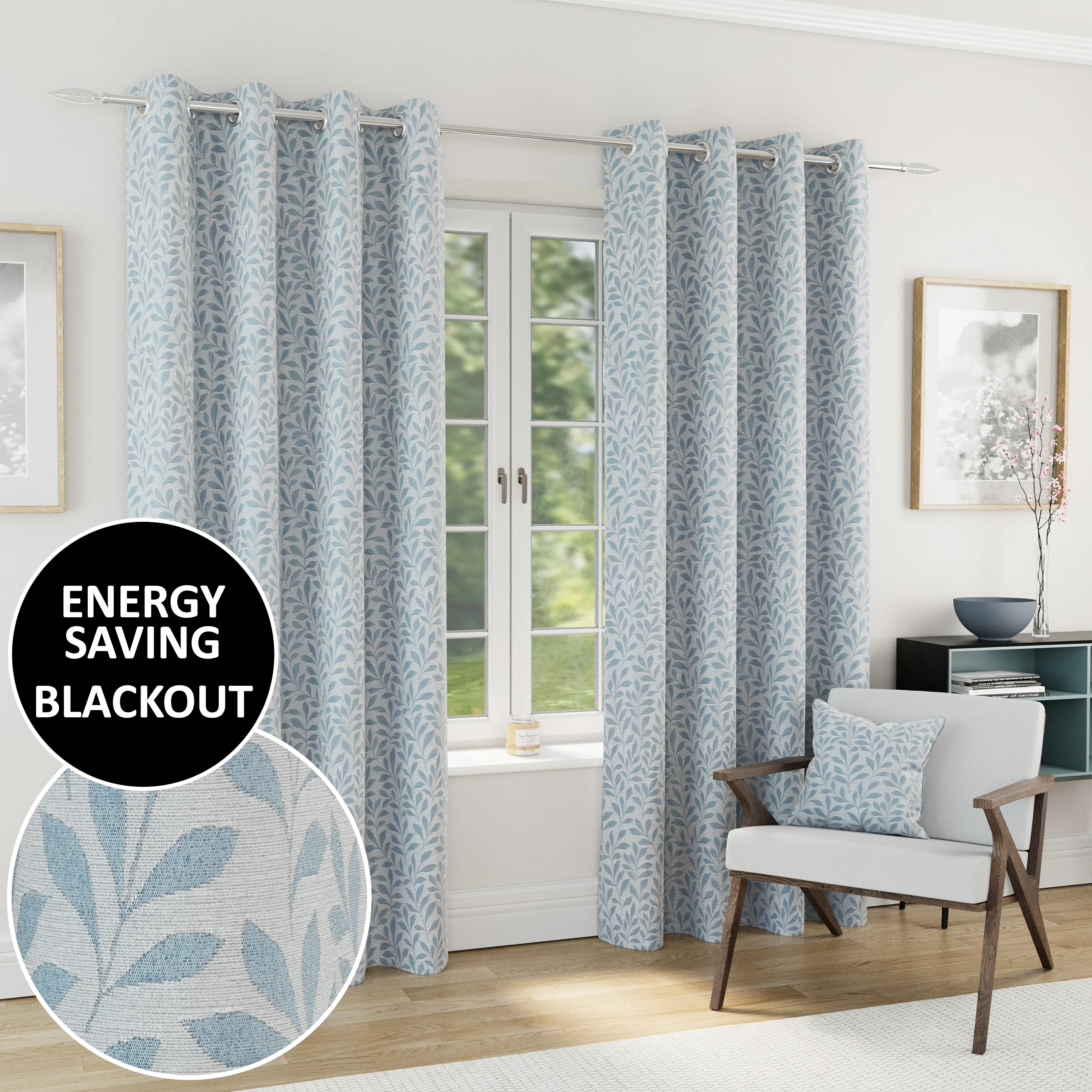 Enhanced Living Sherwood 100% Blackout, Thermal Ice Blue Curtains With Eyelet Header - Pair