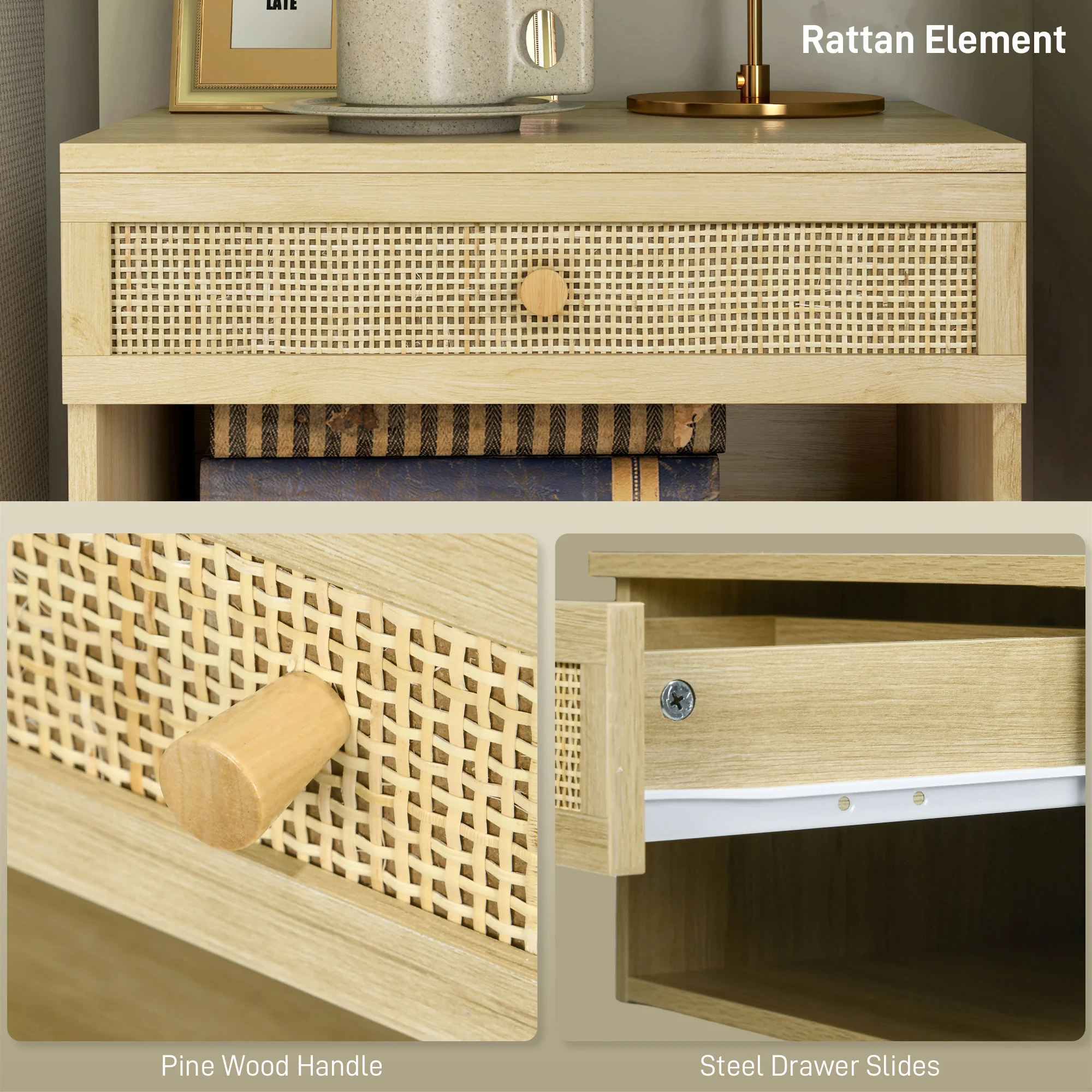 Floating Nightstands Set Of 2 With Rattan Drawer And Storage Shelf For Bedroom - Image 8