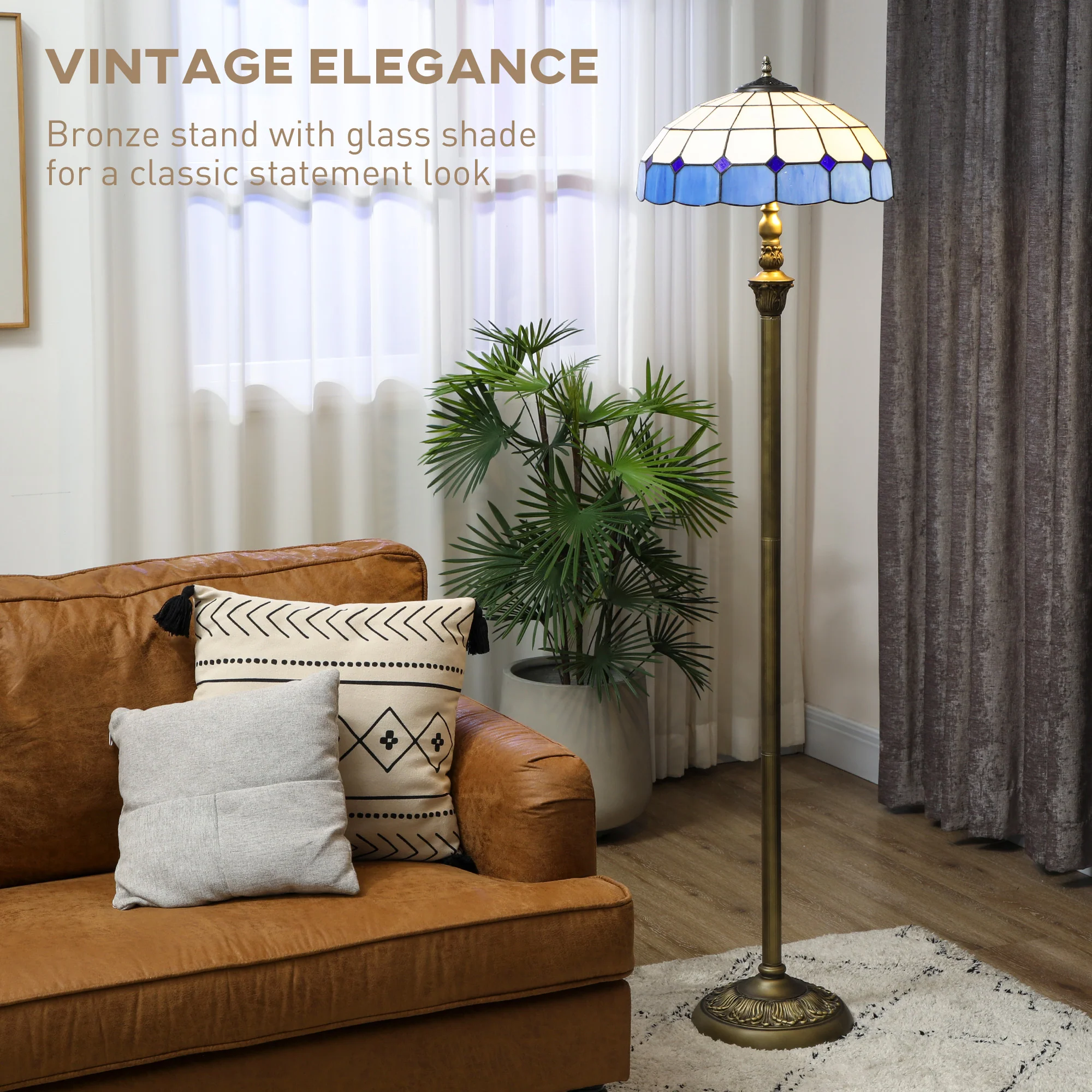 Floor Lamp With Handcrafted Stained Glass Shade, Vintage Standing Lamp, Blue - Image 3