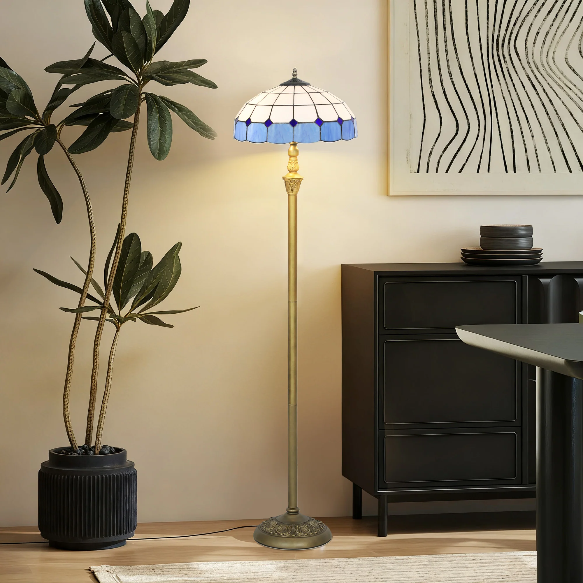 Floor Lamp With Handcrafted Stained Glass Shade, Vintage Standing Lamp, Blue - Image 7