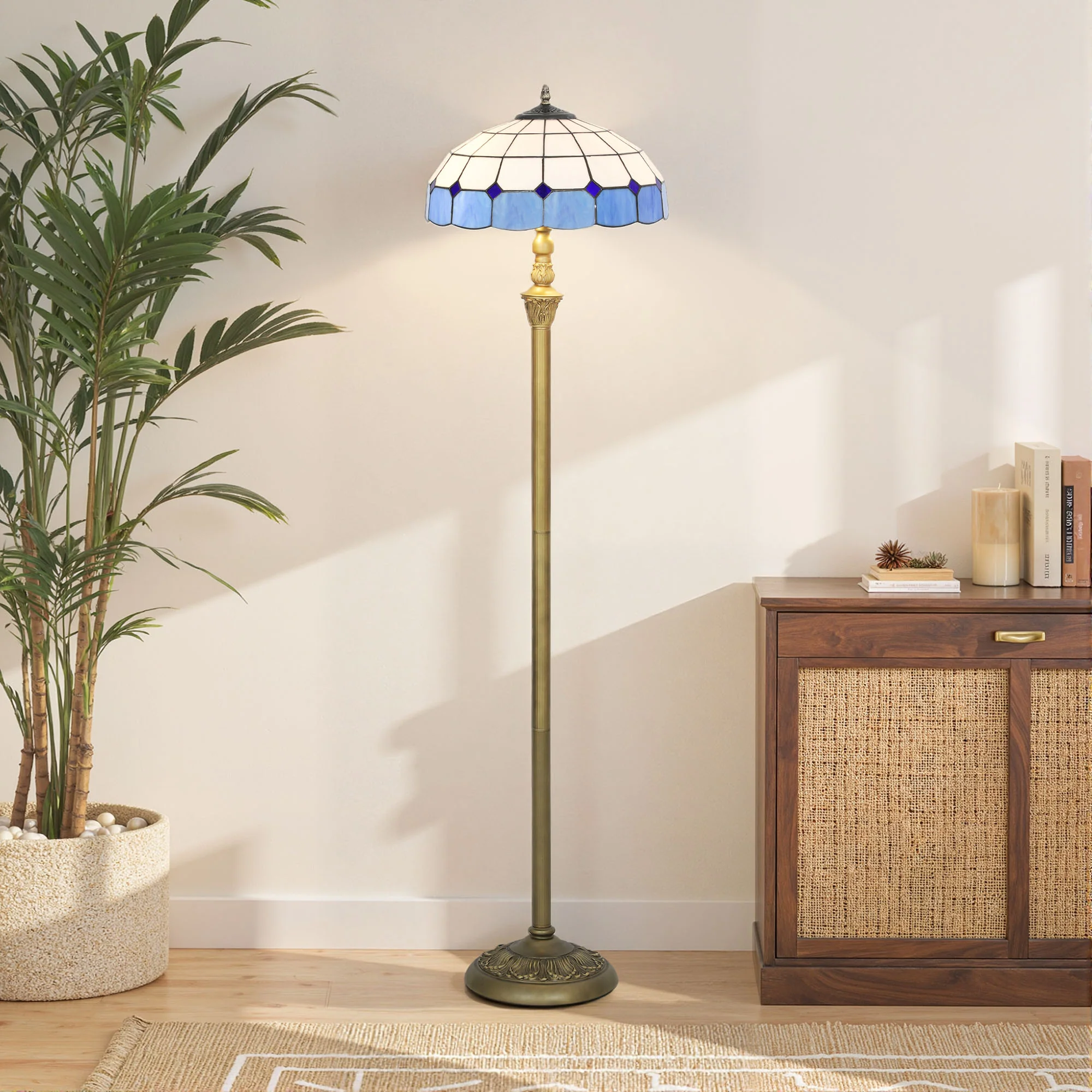 Floor Lamp With Handcrafted Stained Glass Shade, Vintage Standing Lamp, Blue - Image 9