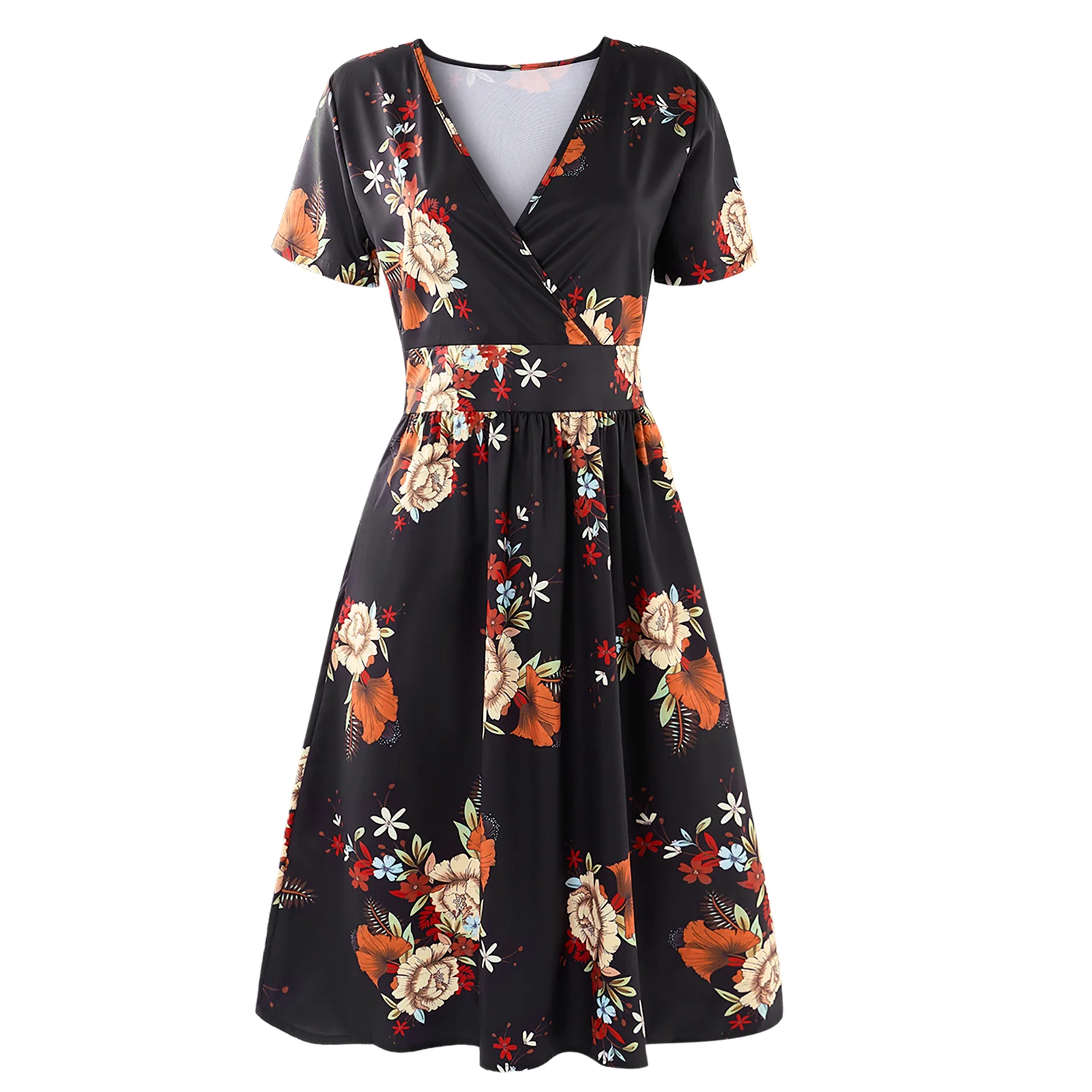 Floral Print V-Neck Short Sleeve Summer Midi Dress With Pockets