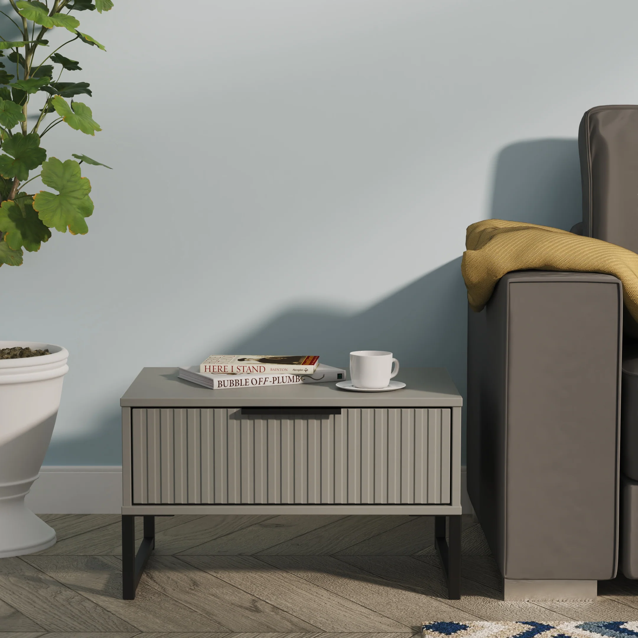 Fluted 1 Drawer Wide Side Table in Dusk Grey - Ready Assembled