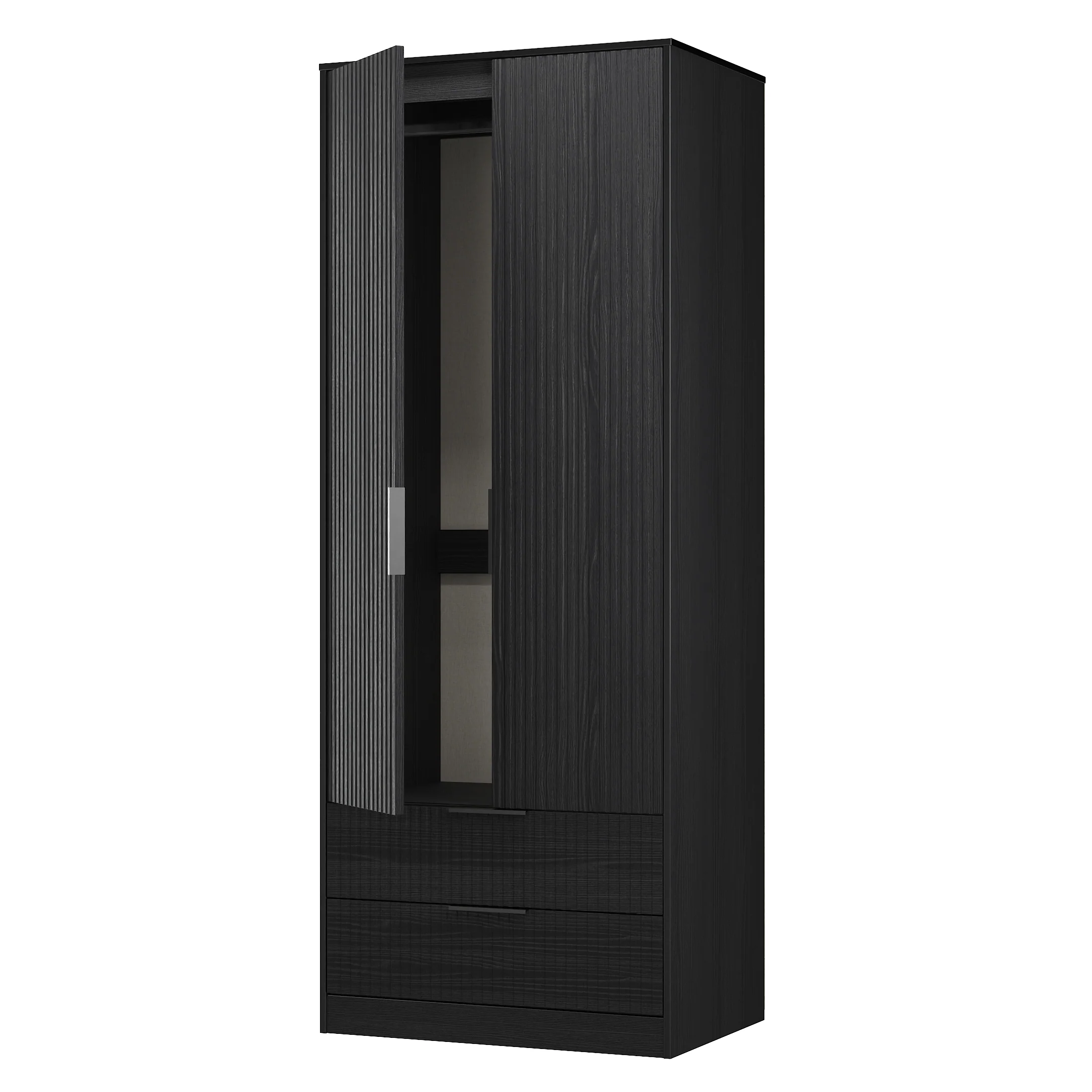 Fluted 2 Drawer Double Wardrobe in Black Ash - Ready Assembled - Image 6