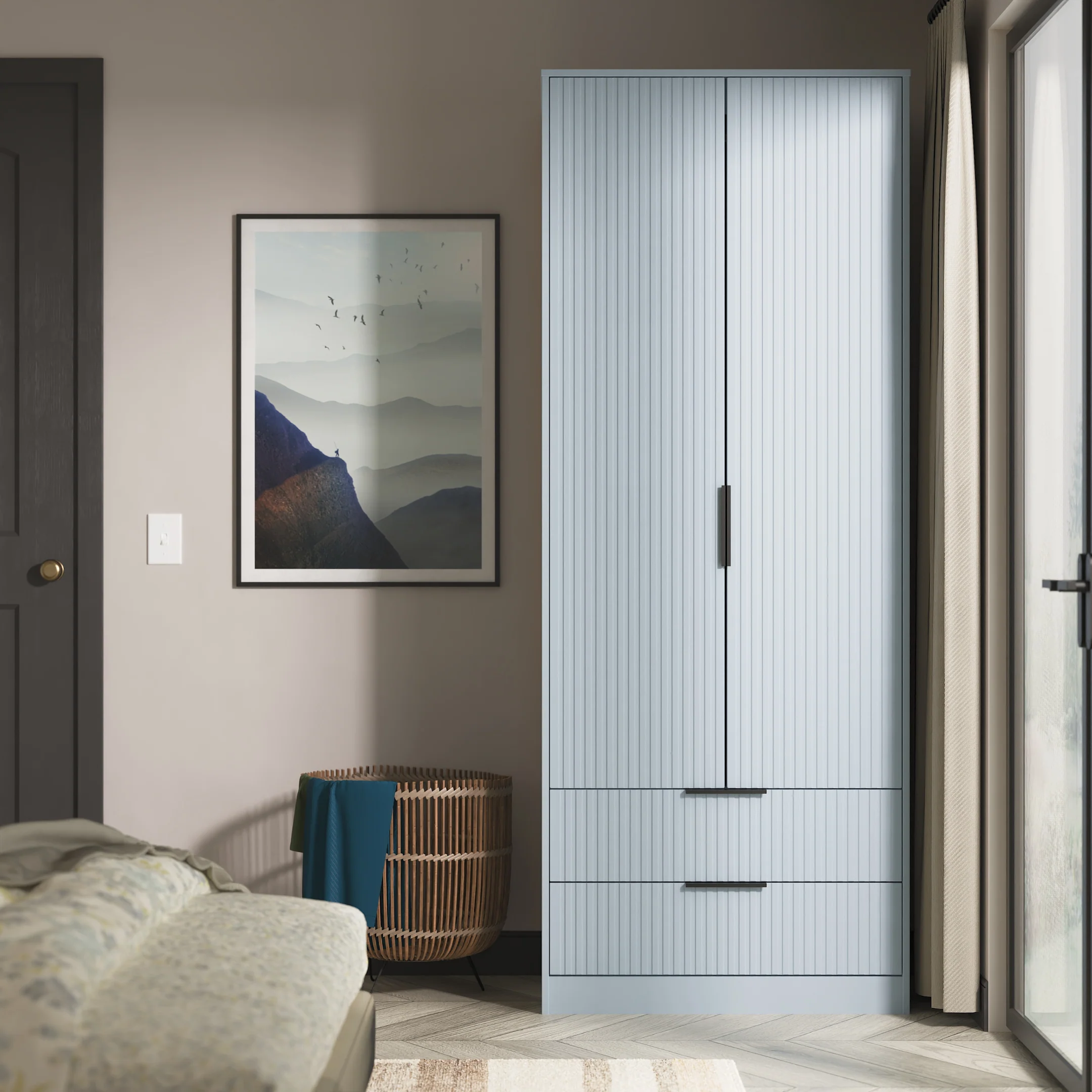 Fluted 2 Drawer Double Wardrobe in Denim Blue - Ready Assembled