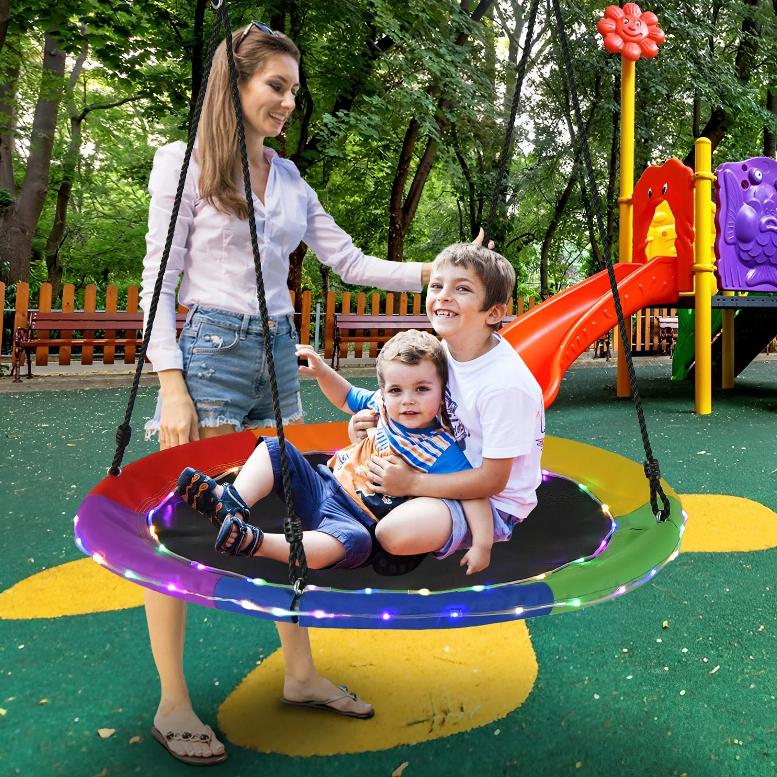 Flying Saucer Tree Swing with 8 Light Modes and Adjustable Hanging Ropes-Colourful - Image 2