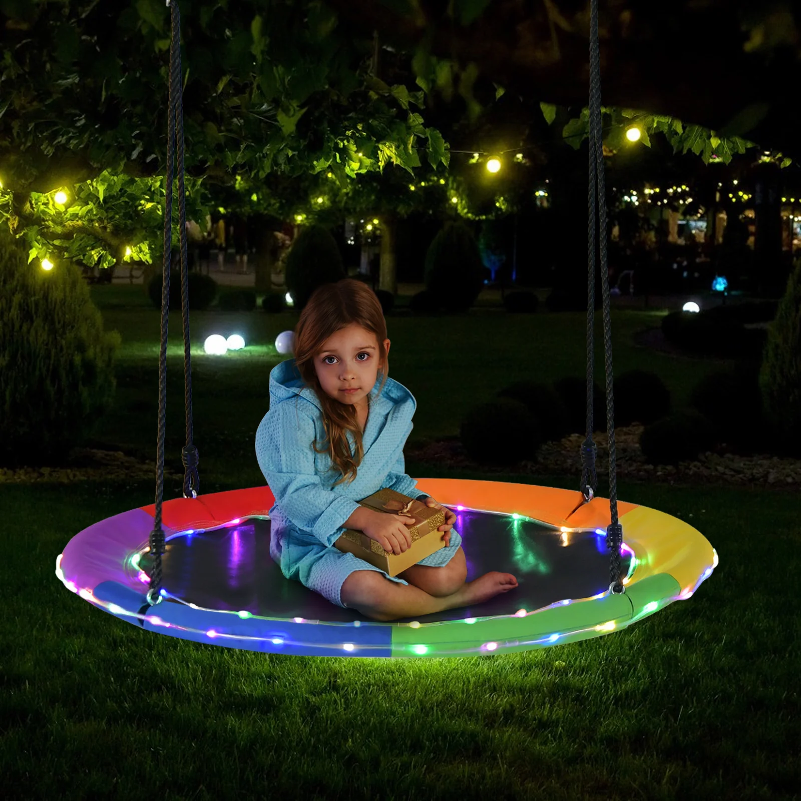Flying Saucer Tree Swing with 8 Light Modes and Adjustable Hanging Ropes-Colourful - Image 3