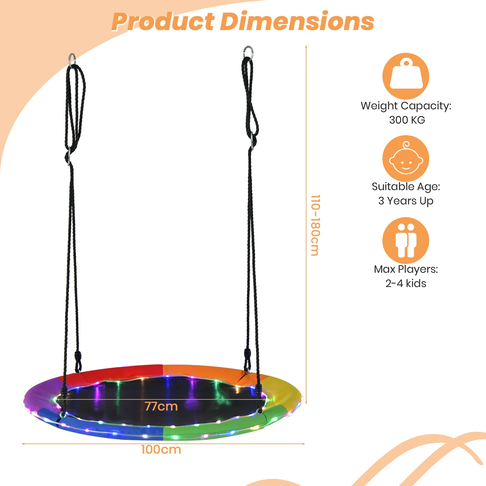 Flying Saucer Tree Swing with 8 Light Modes and Adjustable Hanging Ropes-Colourful - Image 4