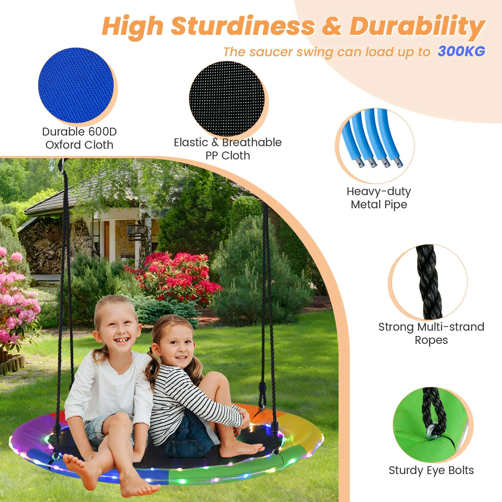 Flying Saucer Tree Swing with 8 Light Modes and Adjustable Hanging Ropes-Colourful - Image 6