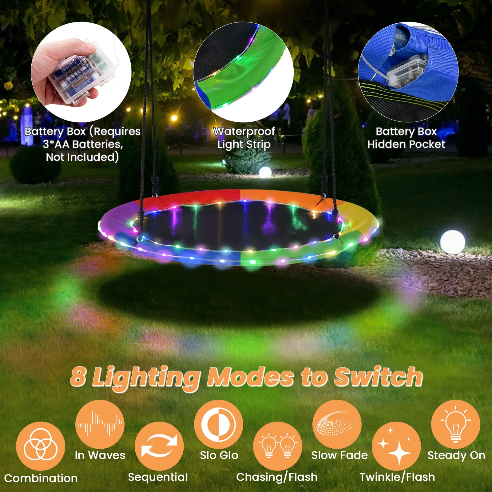 Flying Saucer Tree Swing with 8 Light Modes and Adjustable Hanging Ropes-Colourful - Image 7