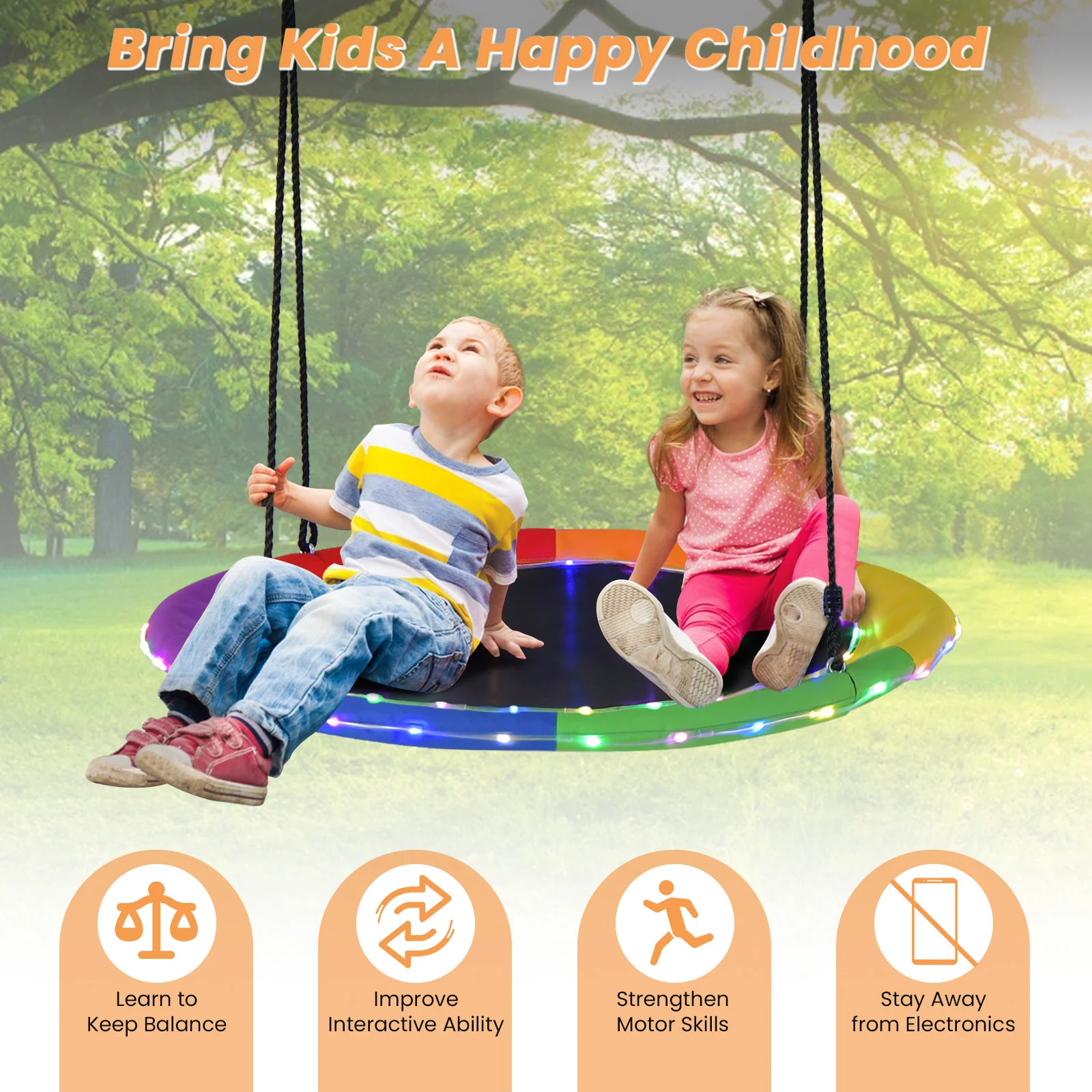Flying Saucer Tree Swing with 8 Light Modes and Adjustable Hanging Ropes-Colourful - Image 8