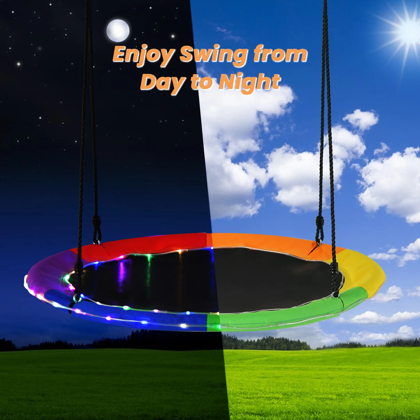 Flying Saucer Tree Swing with 8 Light Modes and Adjustable Hanging Ropes-Colourful - Image 9