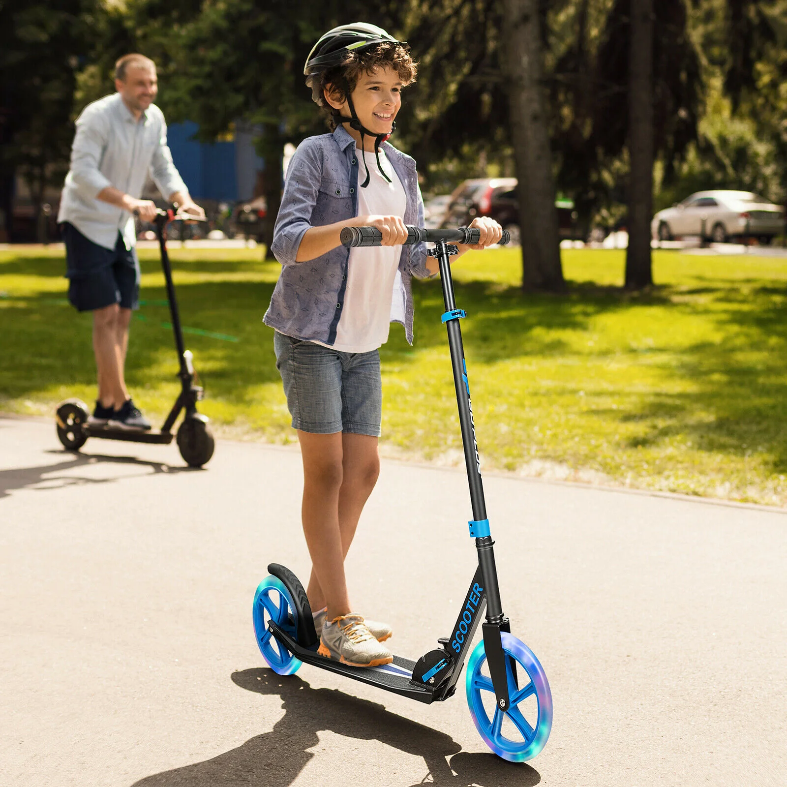 Foldable and Adjustable Kick Scooter with 2 Big Wheels and LED Lights-Blue - Image 2