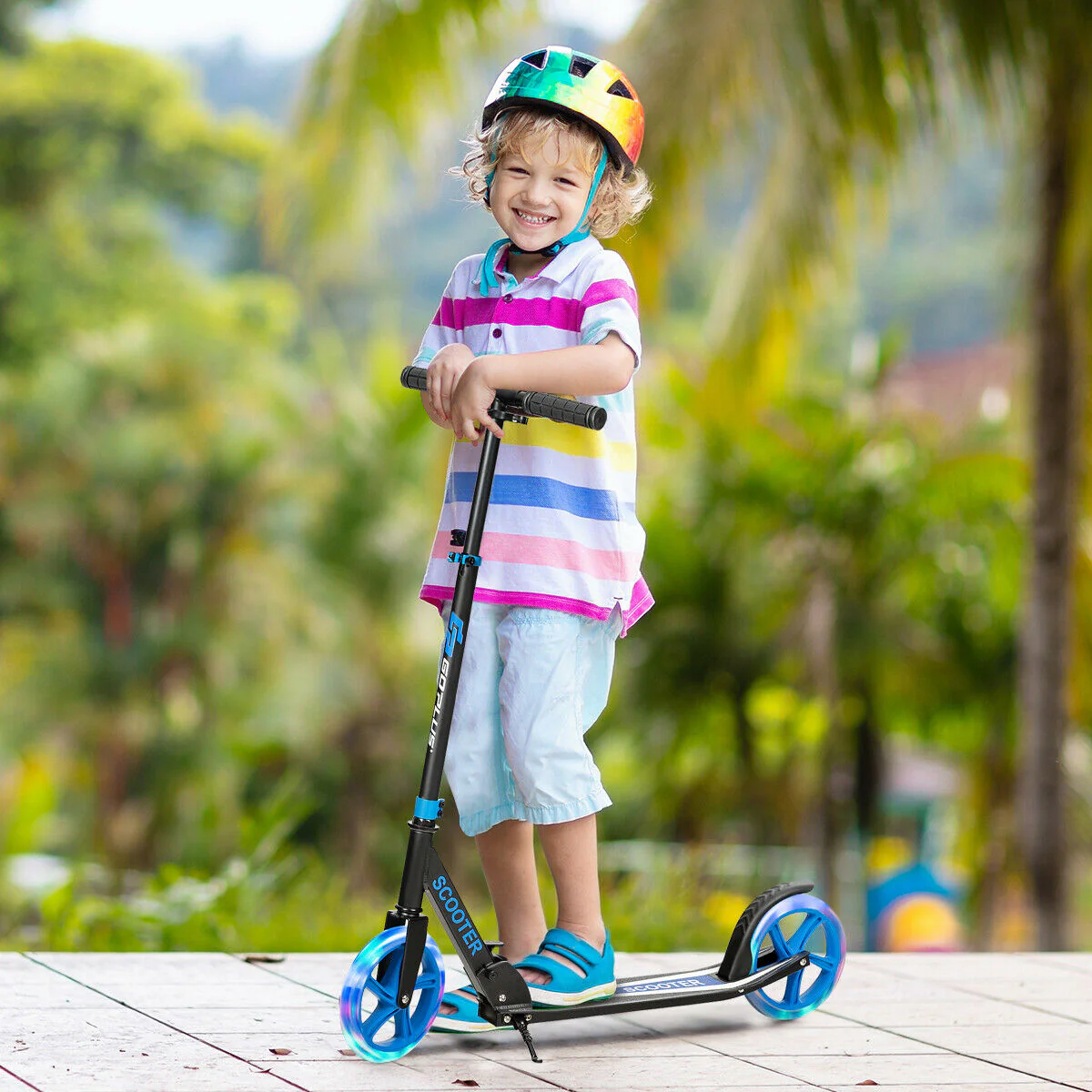 Foldable and Adjustable Kick Scooter with 2 Big Wheels and LED Lights-Blue - Image 3
