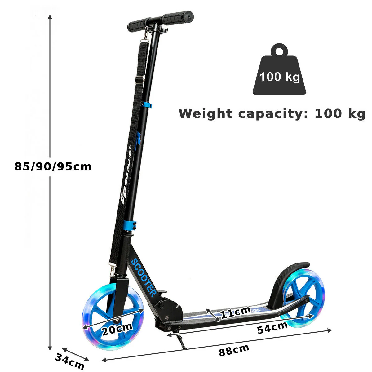 Foldable and Adjustable Kick Scooter with 2 Big Wheels and LED Lights-Blue - Image 4