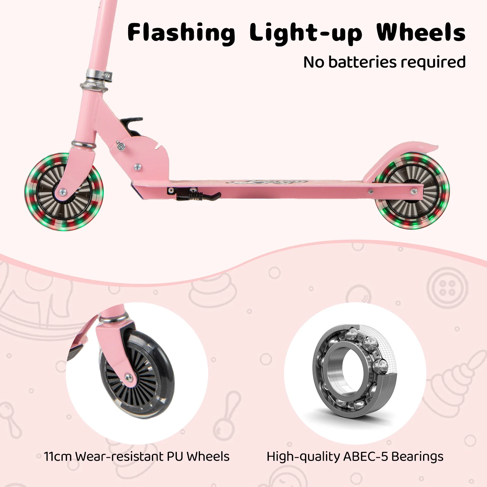 Foldable Kids Scooter Adjustable with Lighted Wheels and Kickstand-Pink - Image 6