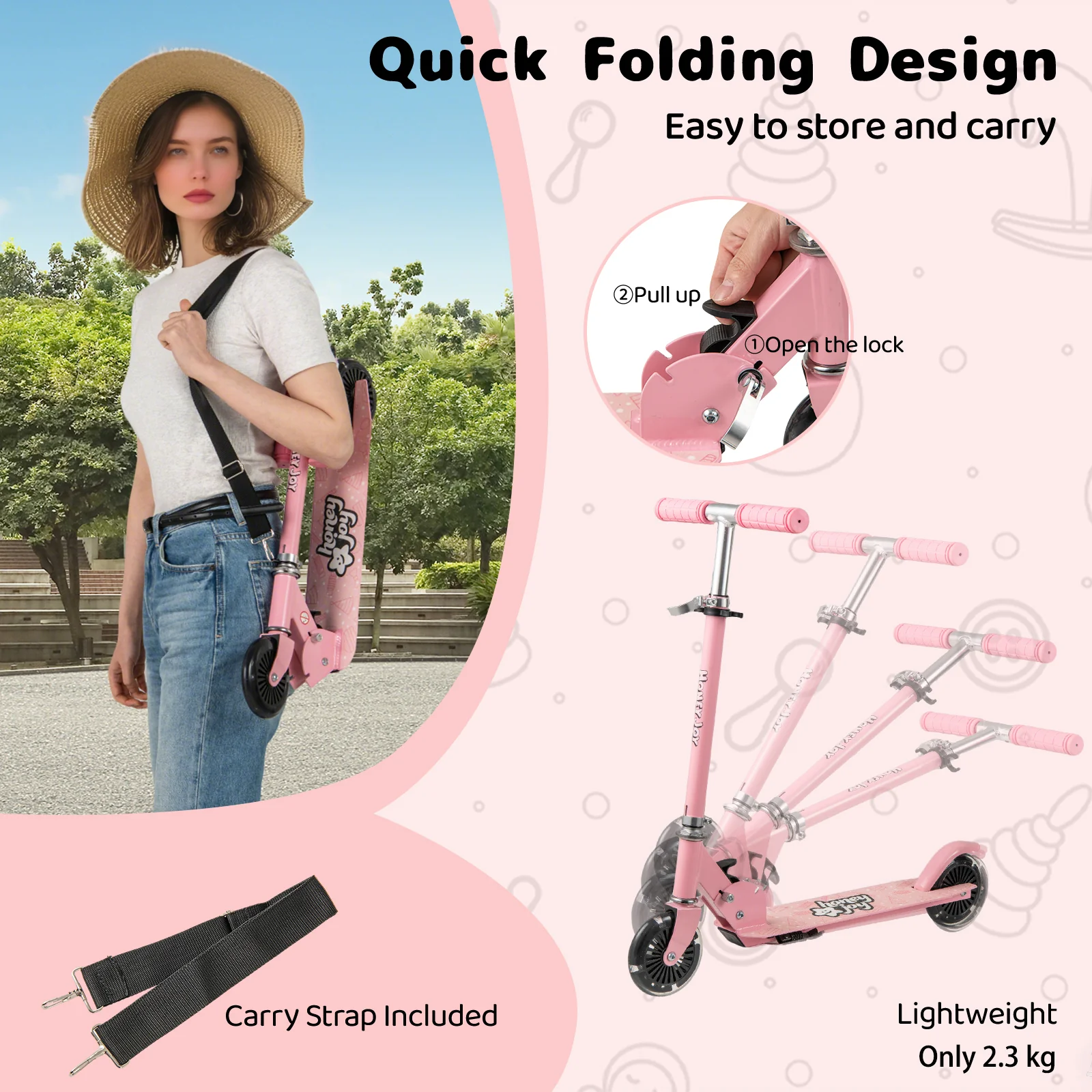 Foldable Kids Scooter Adjustable with Lighted Wheels and Kickstand-Pink - Image 9