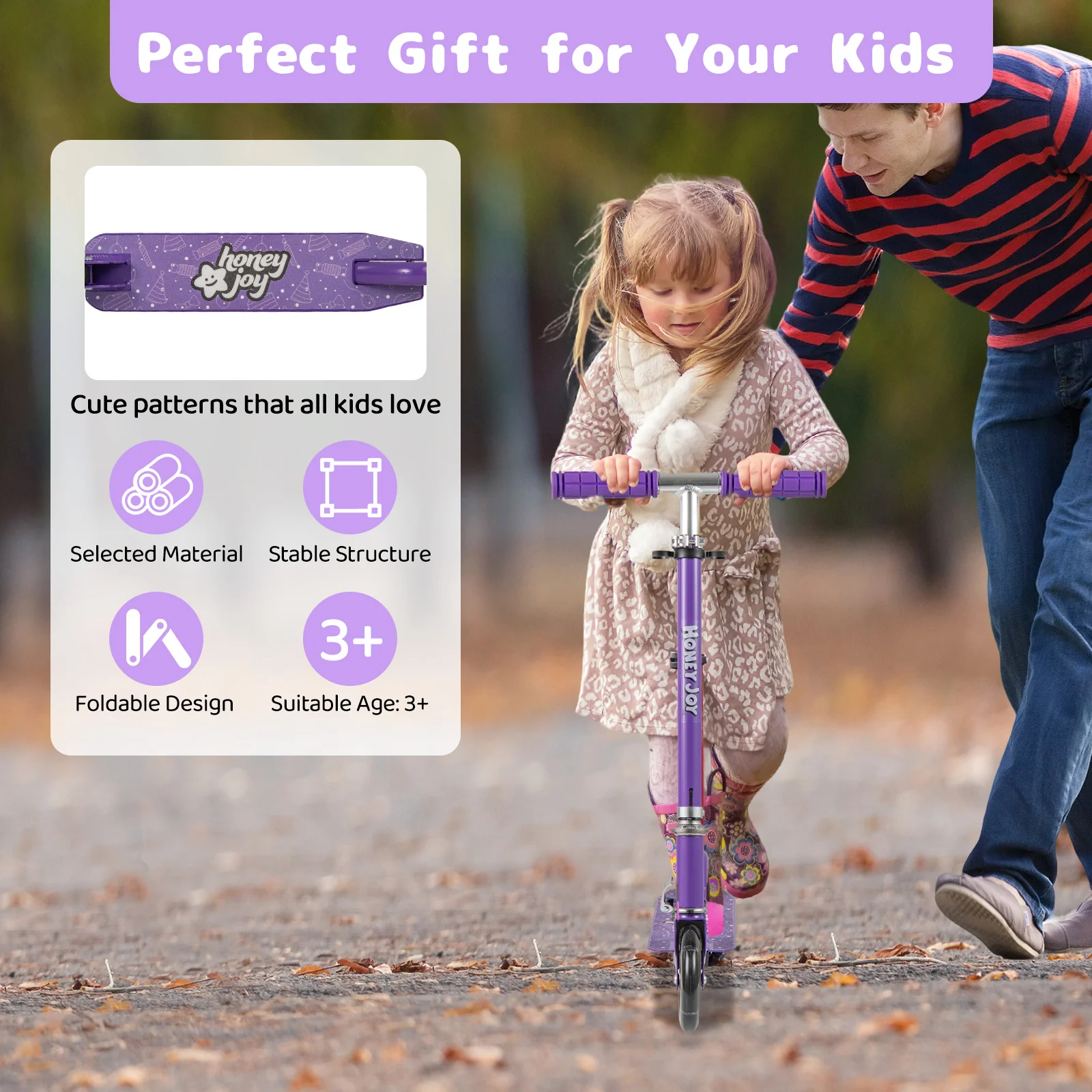 Foldable Kids Scooter Adjustable with Lighted Wheels and Kickstand-Purple - Image 5