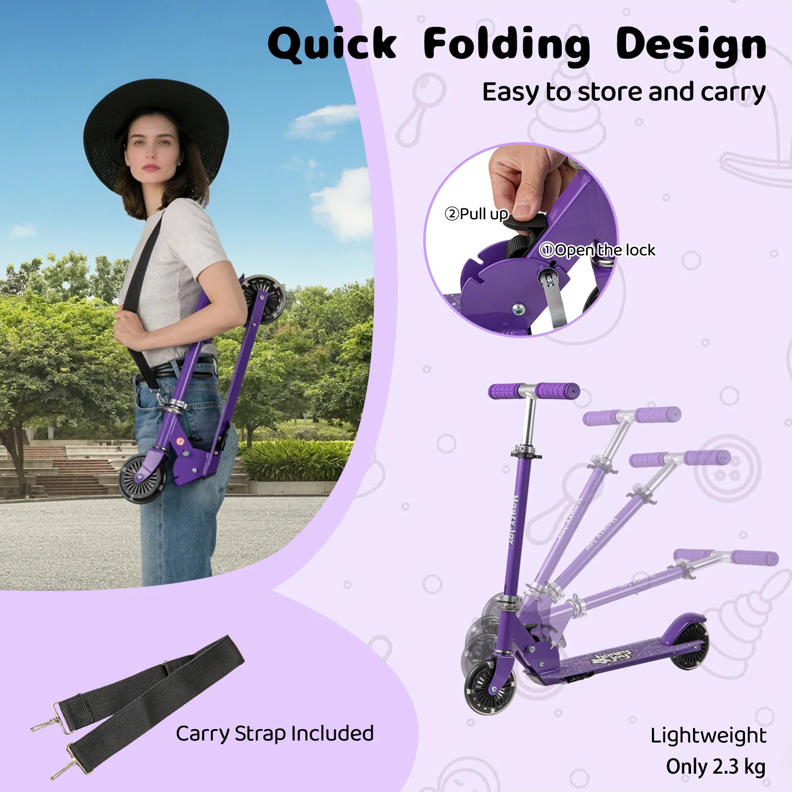 Foldable Kids Scooter Adjustable with Lighted Wheels and Kickstand-Purple - Image 9