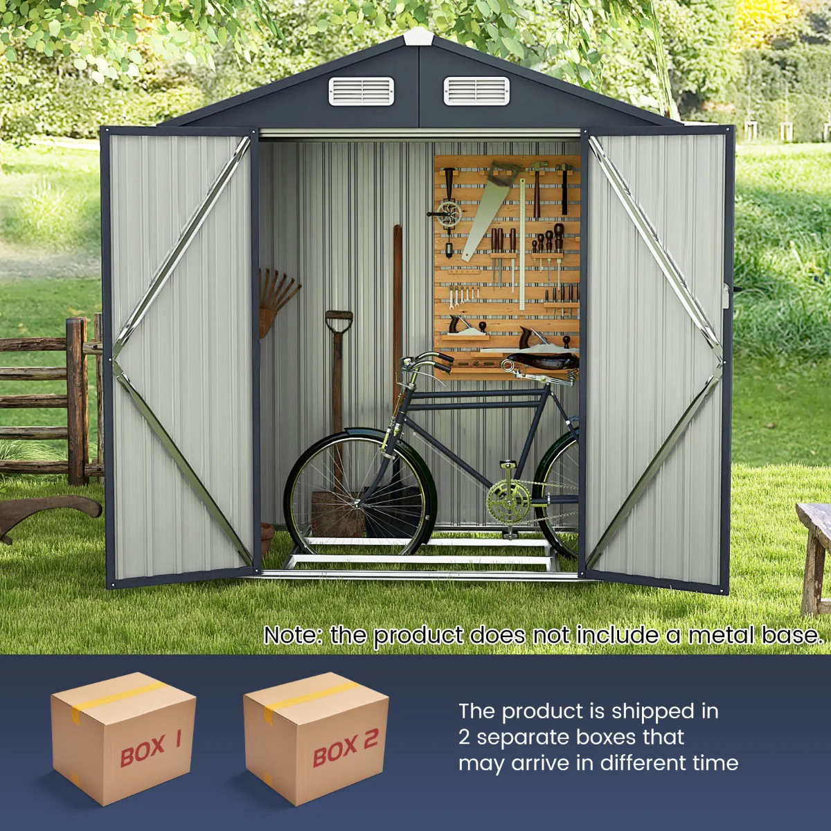 Galvanized Metal Tool House With 4 Vents And Lockable Doors-Dark Grey - Image 10
