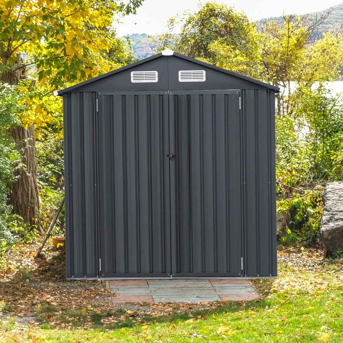 Galvanized Metal Tool House With 4 Vents And Lockable Doors-Dark Grey - Image 3