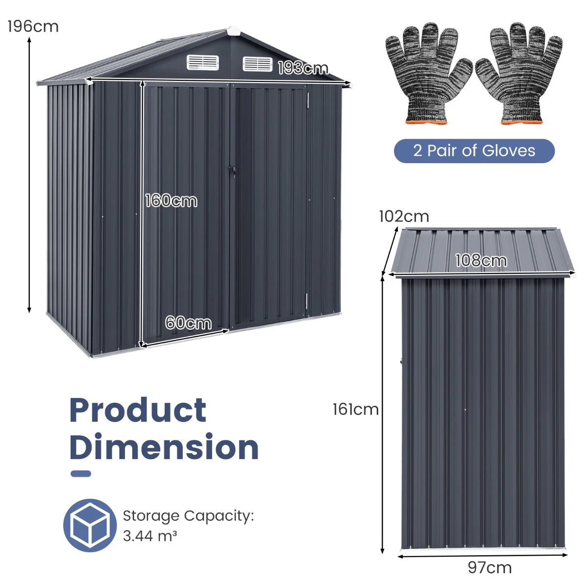 Galvanized Metal Tool House With 4 Vents And Lockable Doors-Dark Grey - Image 4
