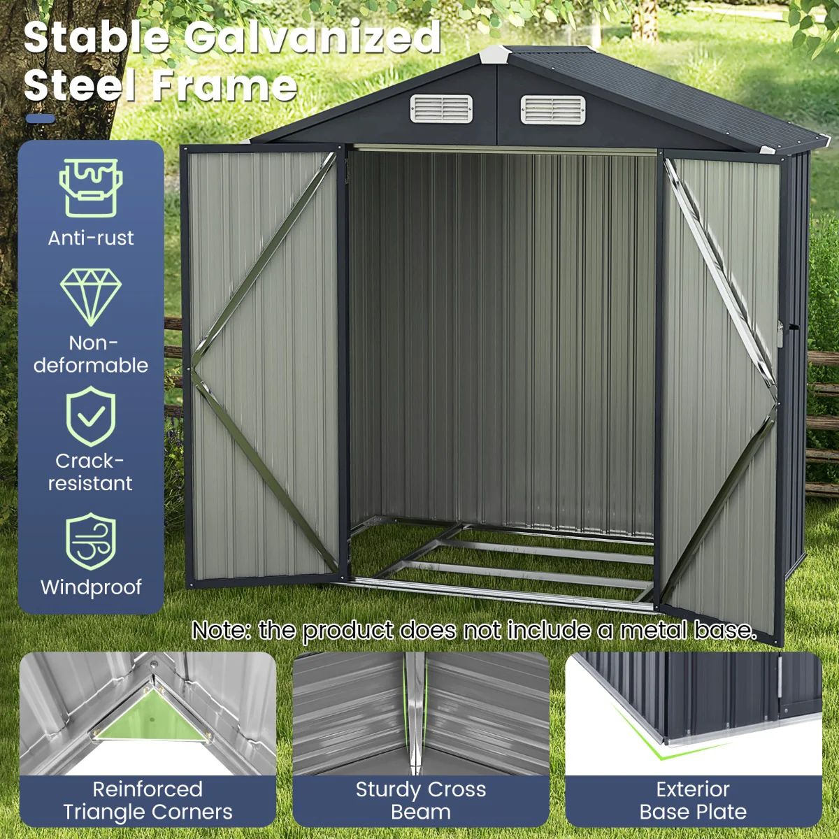Galvanized Metal Tool House With 4 Vents And Lockable Doors-Dark Grey - Image 5