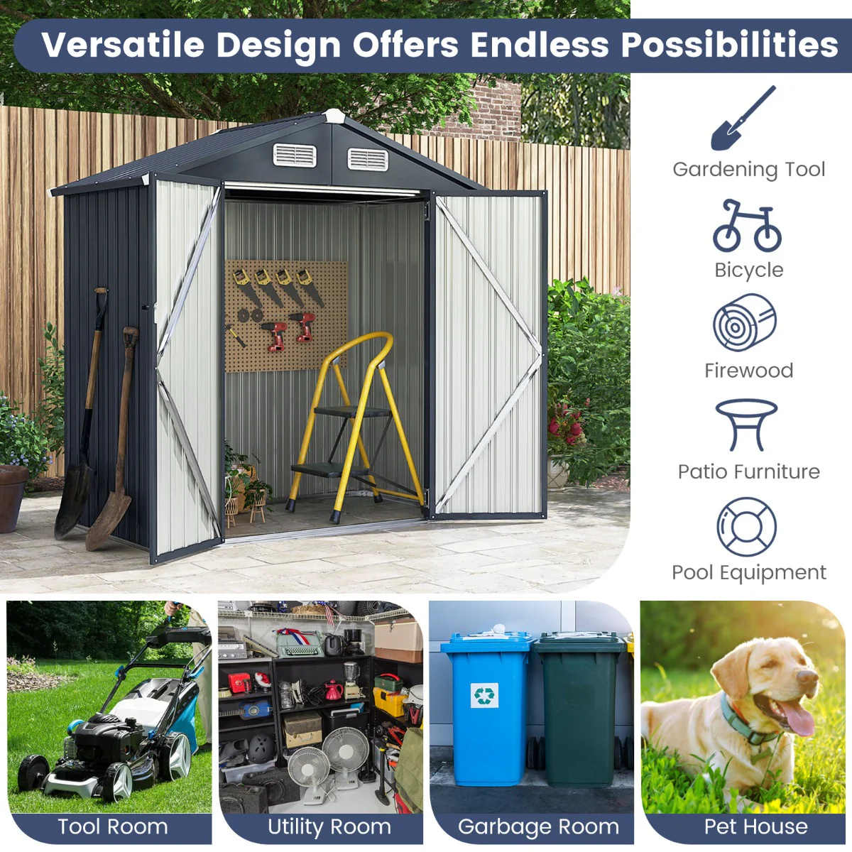 Galvanized Metal Tool House With 4 Vents And Lockable Doors-Dark Grey - Image 7