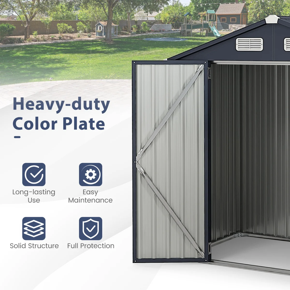 Galvanized Metal Tool House With 4 Vents And Lockable Doors-Dark Grey - Image 9