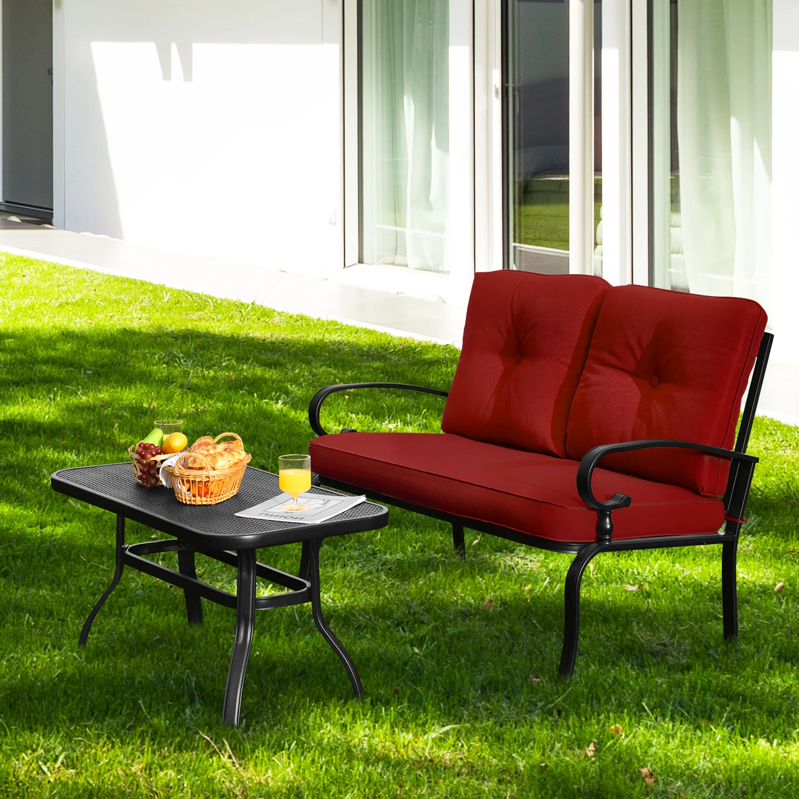 Garden Furniture Set with 2 Seat Cushioned Sofa and Coffee Table-Red - Image 2