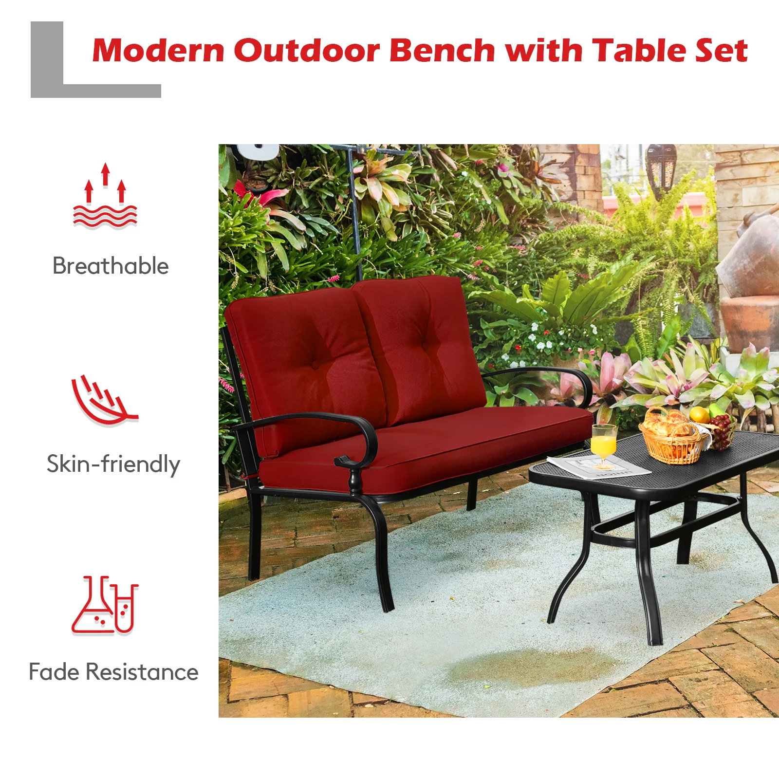 Garden Furniture Set with 2 Seat Cushioned Sofa and Coffee Table-Red - Image 3