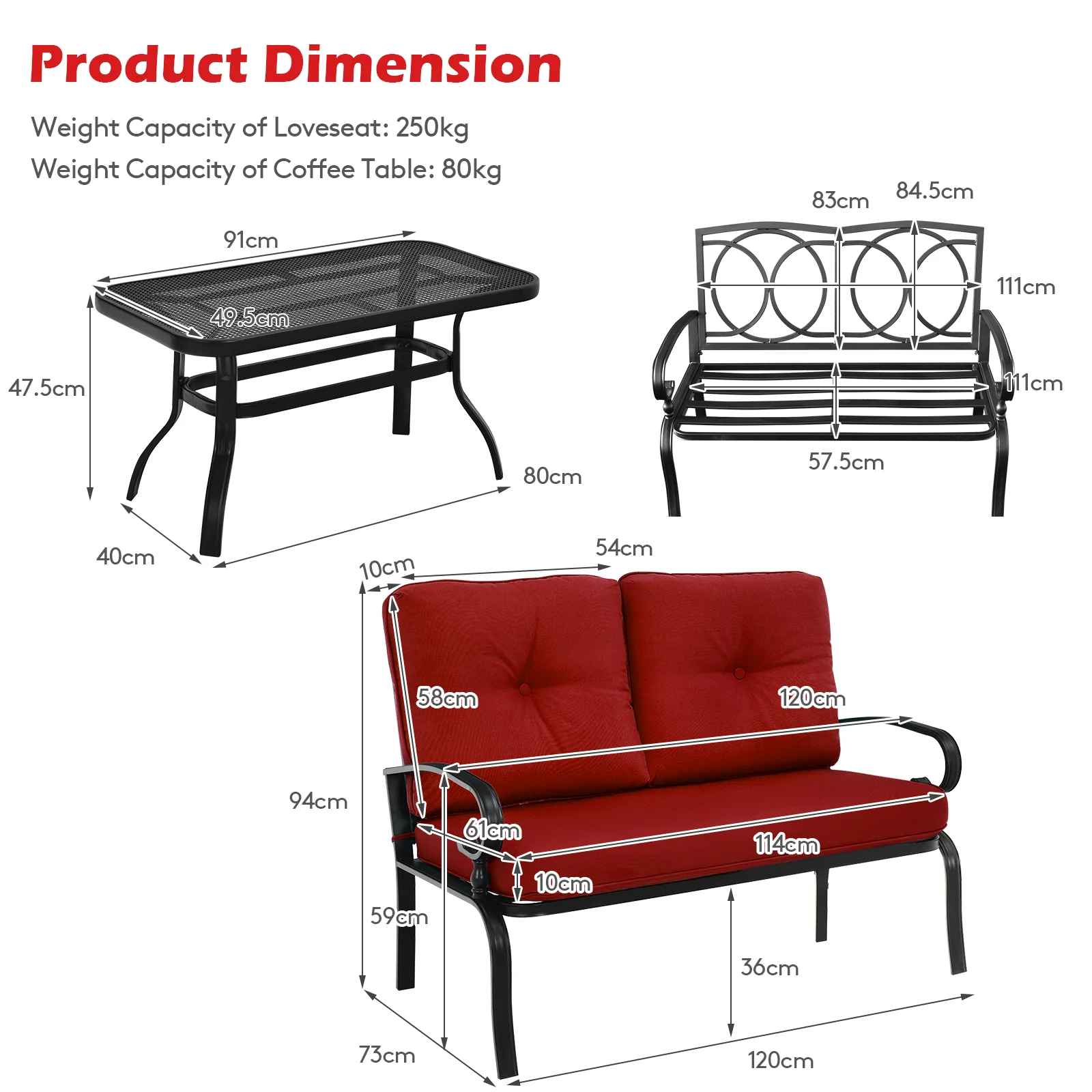 Garden Furniture Set with 2 Seat Cushioned Sofa and Coffee Table-Red - Image 4