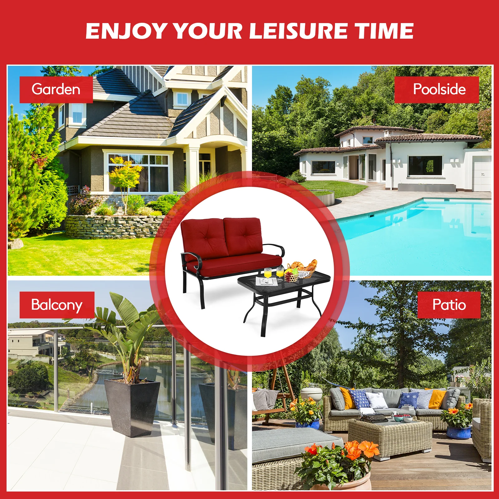 Garden Furniture Set with 2 Seat Cushioned Sofa and Coffee Table-Red - Image 9