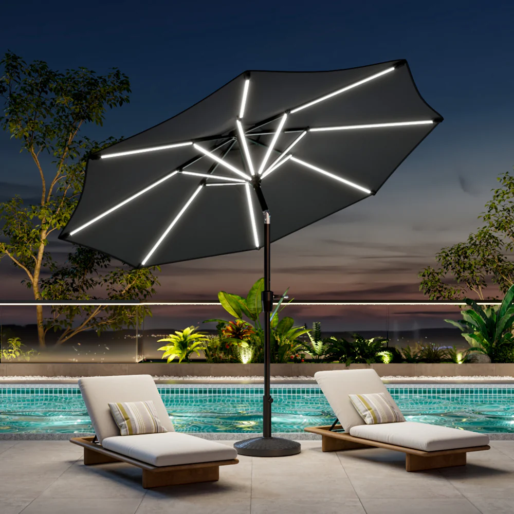 Garden Sanctuary Large Solar Powered LED Patio Umbrella for Outdoor Garden Patio with Base - Image 2