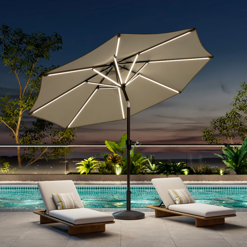 Garden Sanctuary Large Solar Powered LED Patio Umbrella for Outdoor Garden Patio with Base - Image 2