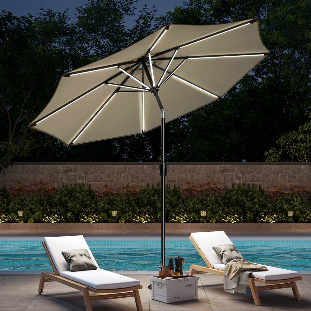 Garden Sanctuary Large Solar Powered LED Patio Umbrella For Outdoor Garden Patio Without Base