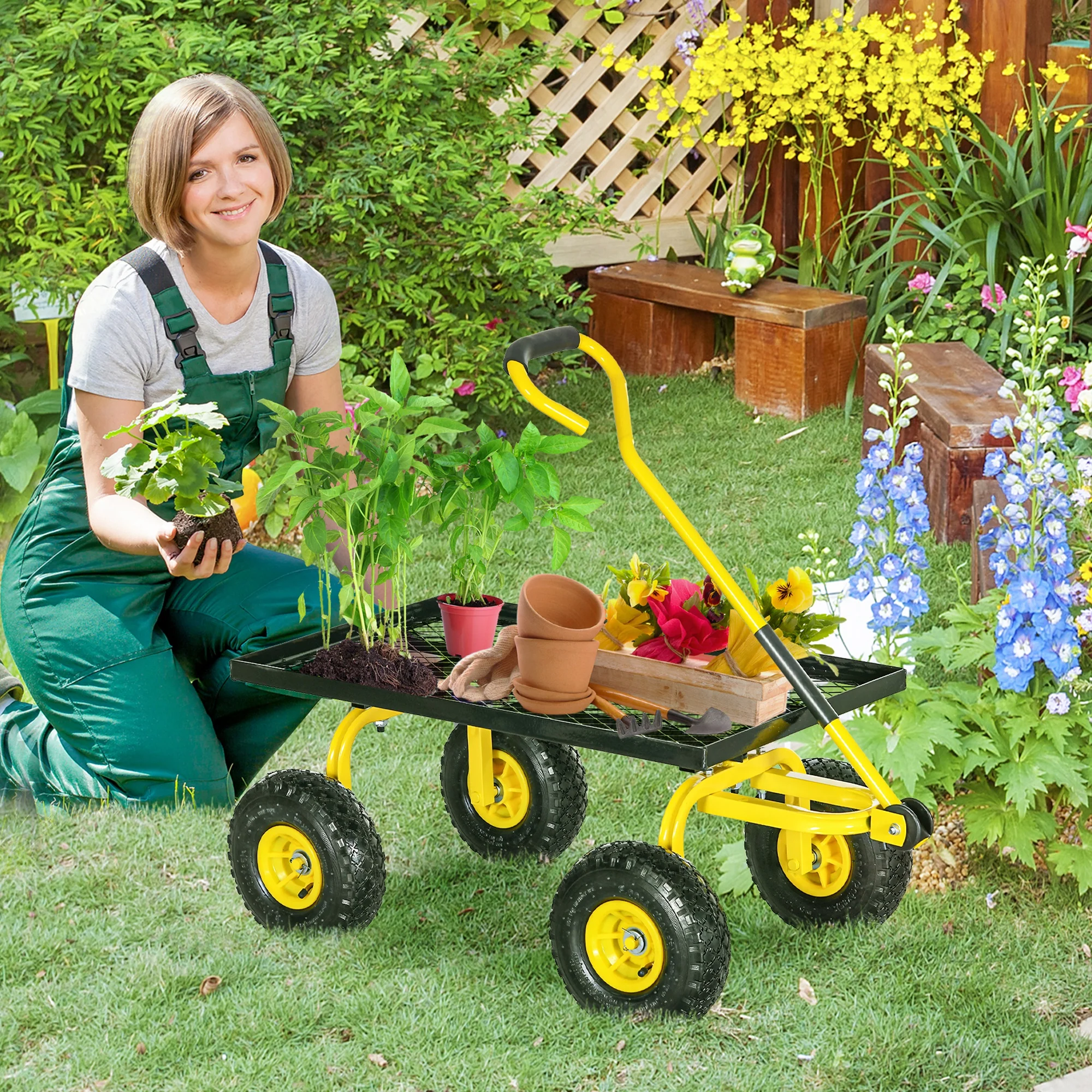 Garden Trolley Cart with Pneumatic Wheels and Rotating Handle, Yellow - Image 2