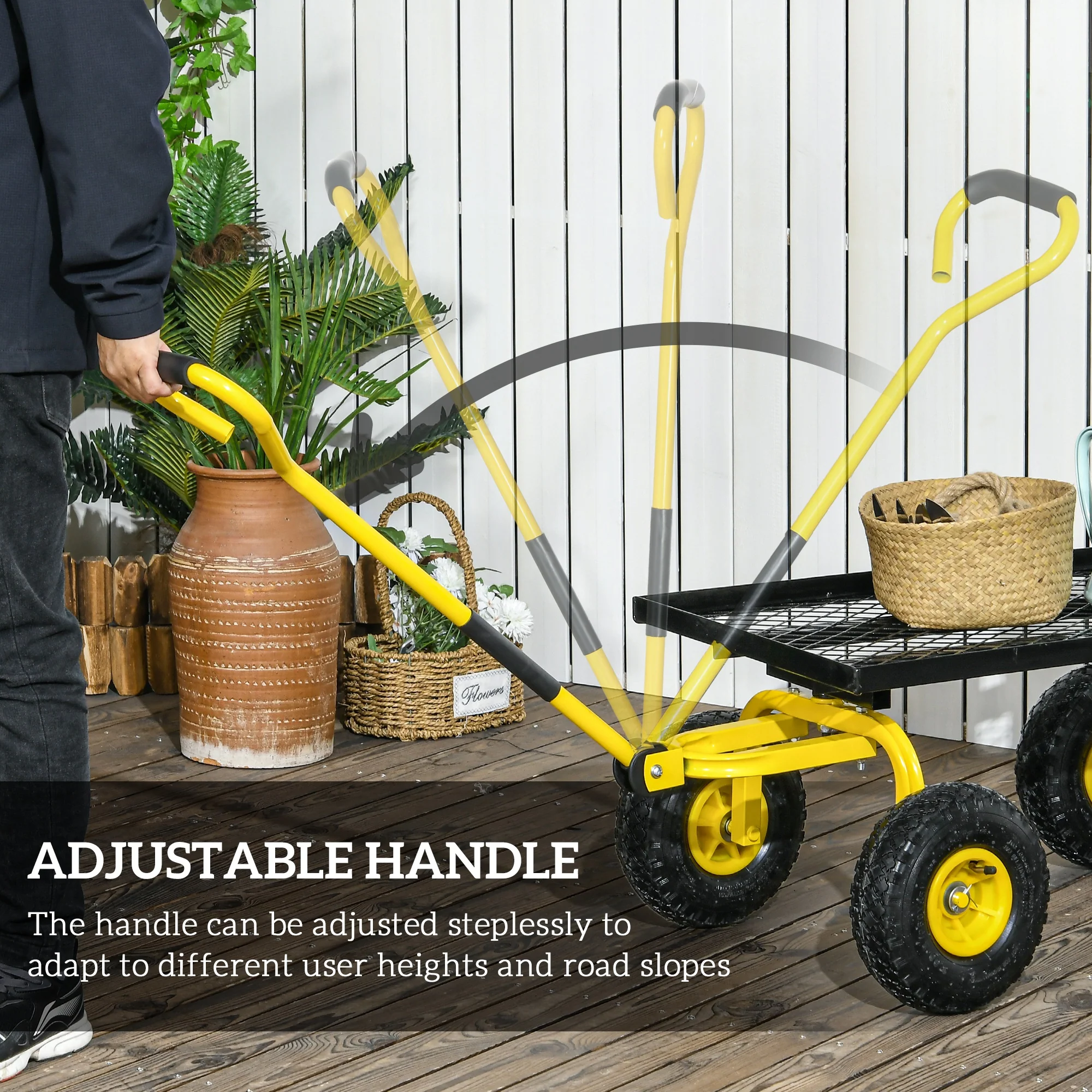 Garden Trolley Cart with Pneumatic Wheels and Rotating Handle, Yellow - Image 3