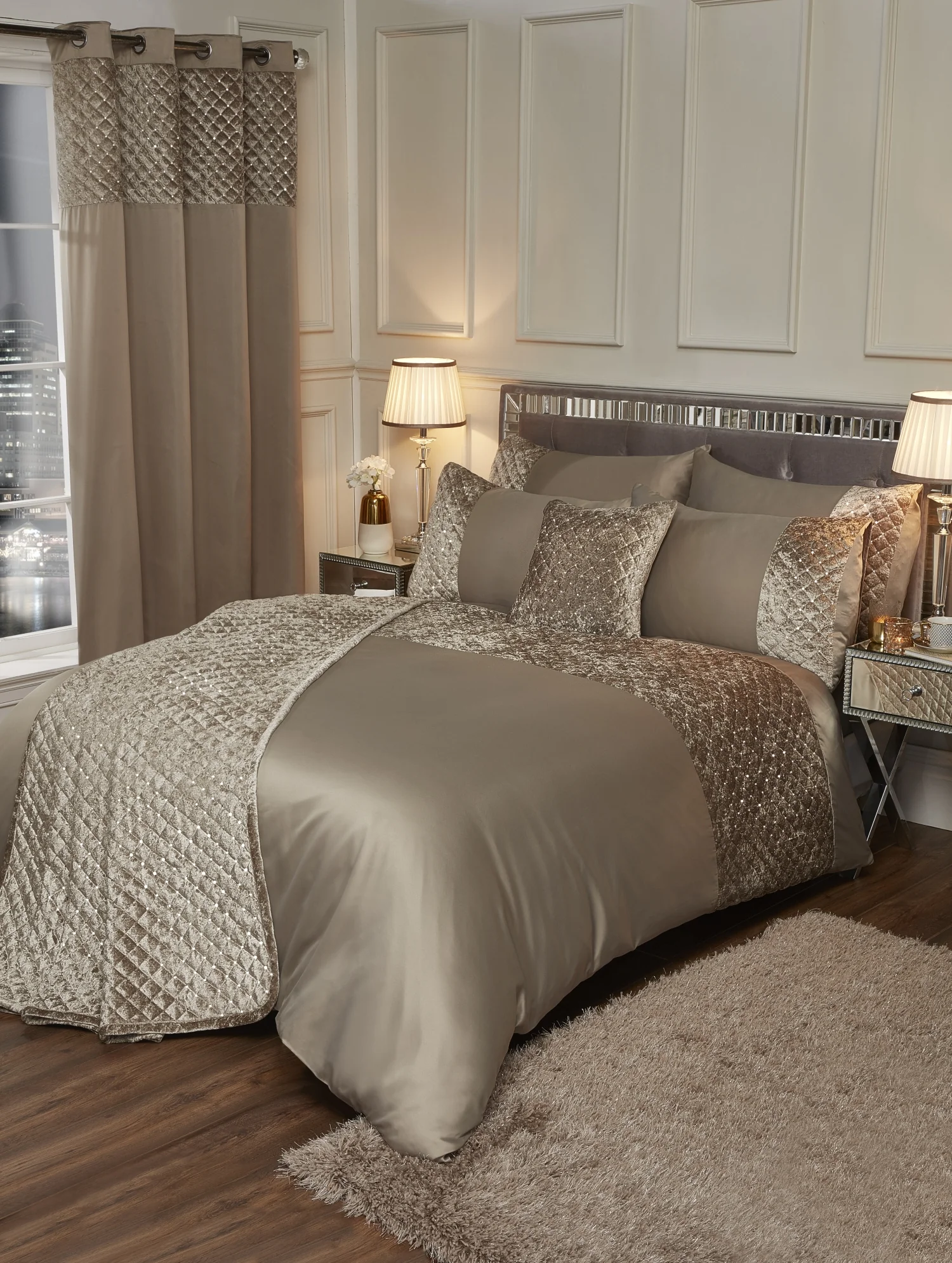Glamour - Quilted Sequin Velvet Duvet Set In Mink - Super King Size