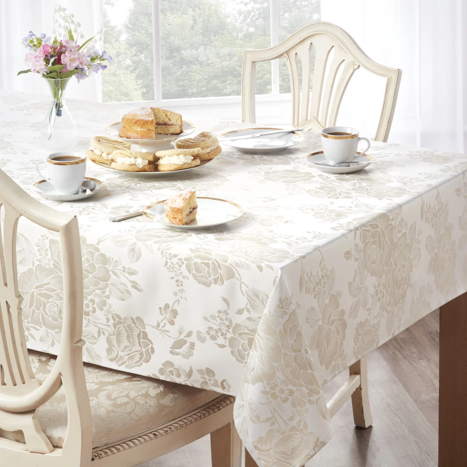 Grace Floral Jacquard Table Clot Sateen Damask Table Cloth with a Subtle Jacquard Design in Natural