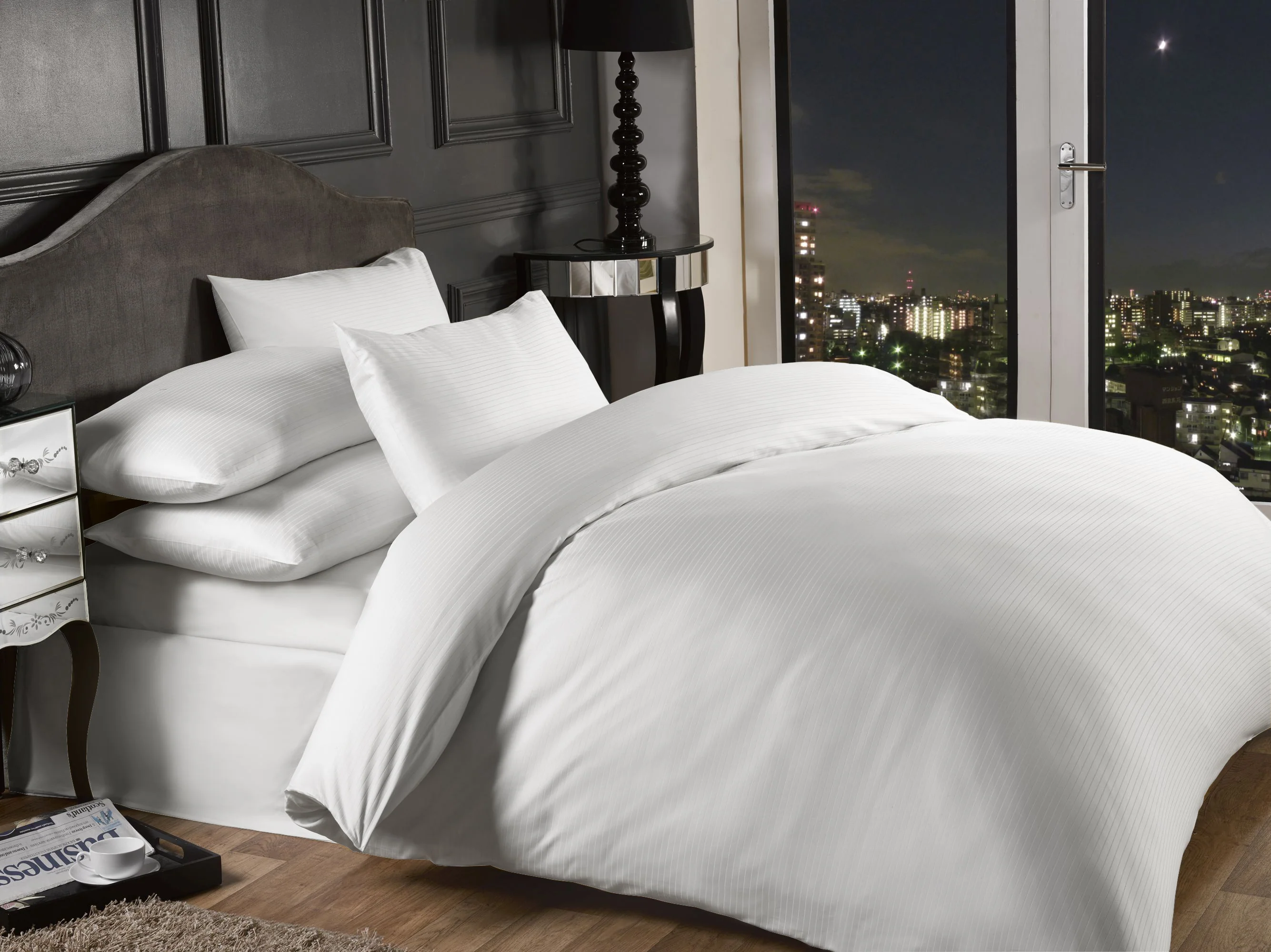 Grosvenor - 1000 Thread Count Pin Stripe Duvet Set In White - Double