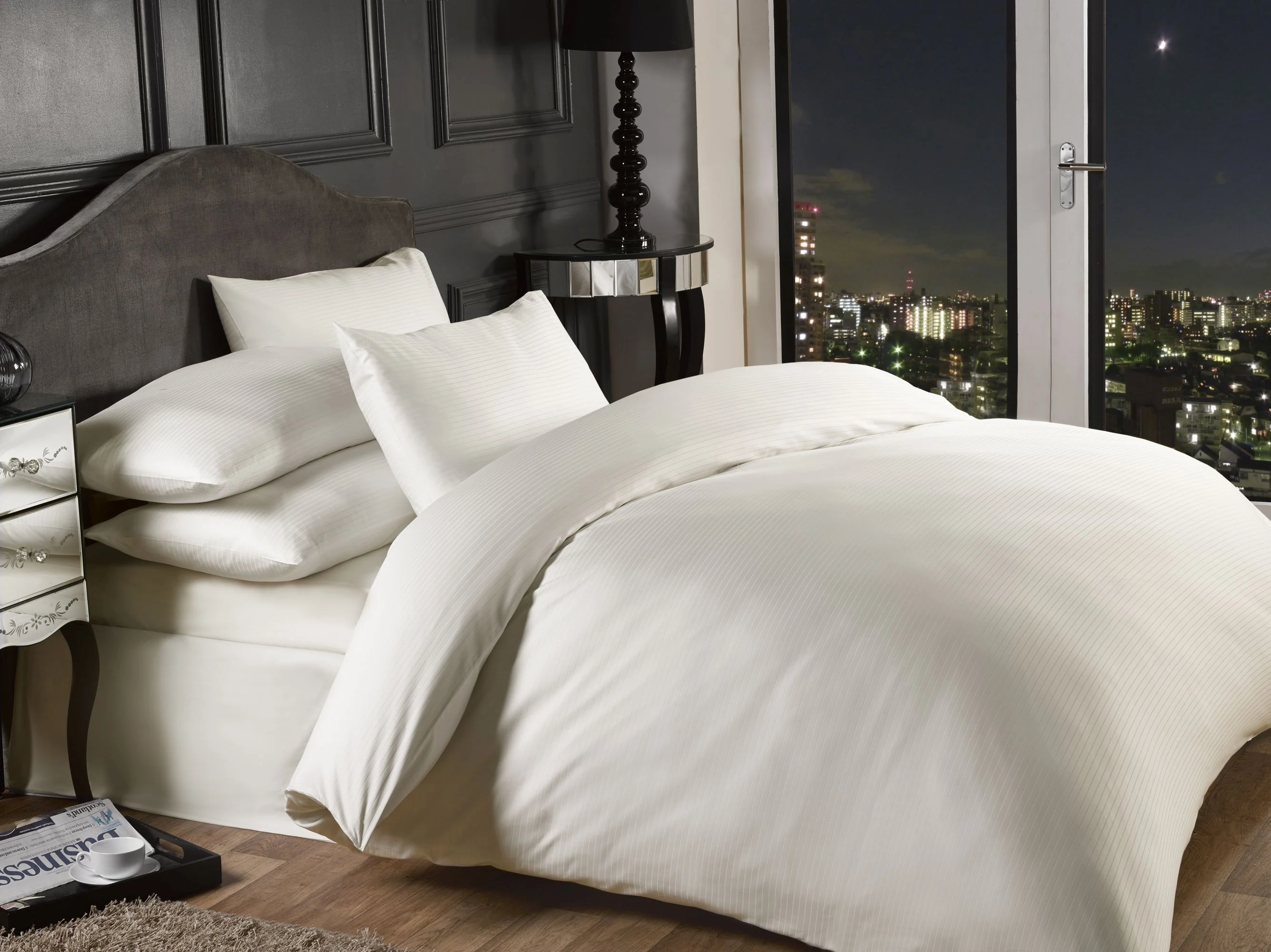 Grosvenor - 1000 Thread Count Pin Stripe Fitted Sheet In Cream - King Sized
