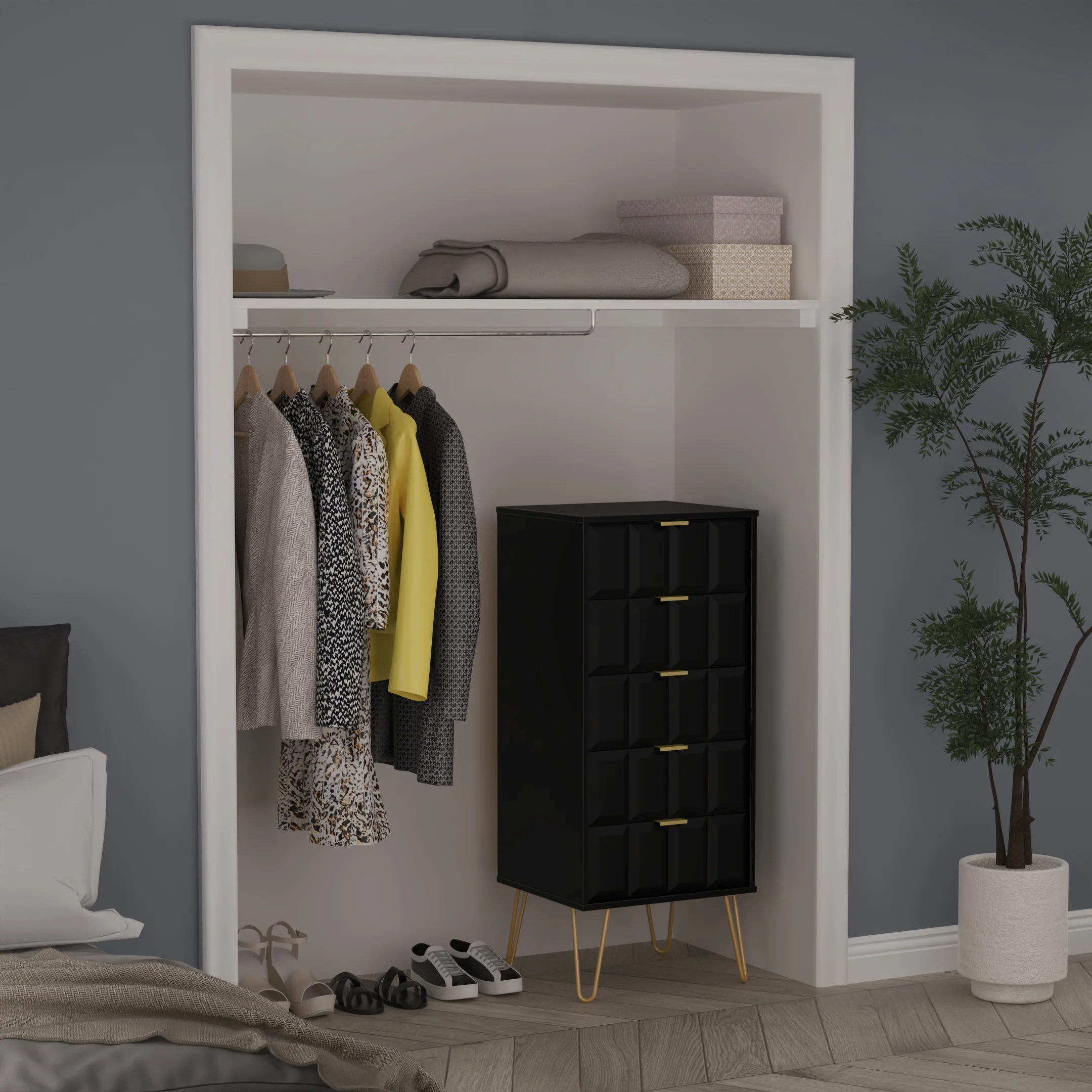 Hanover Ready Assembled 5 Drawer Tallboy in Deep Black & Black Matt - Image 2