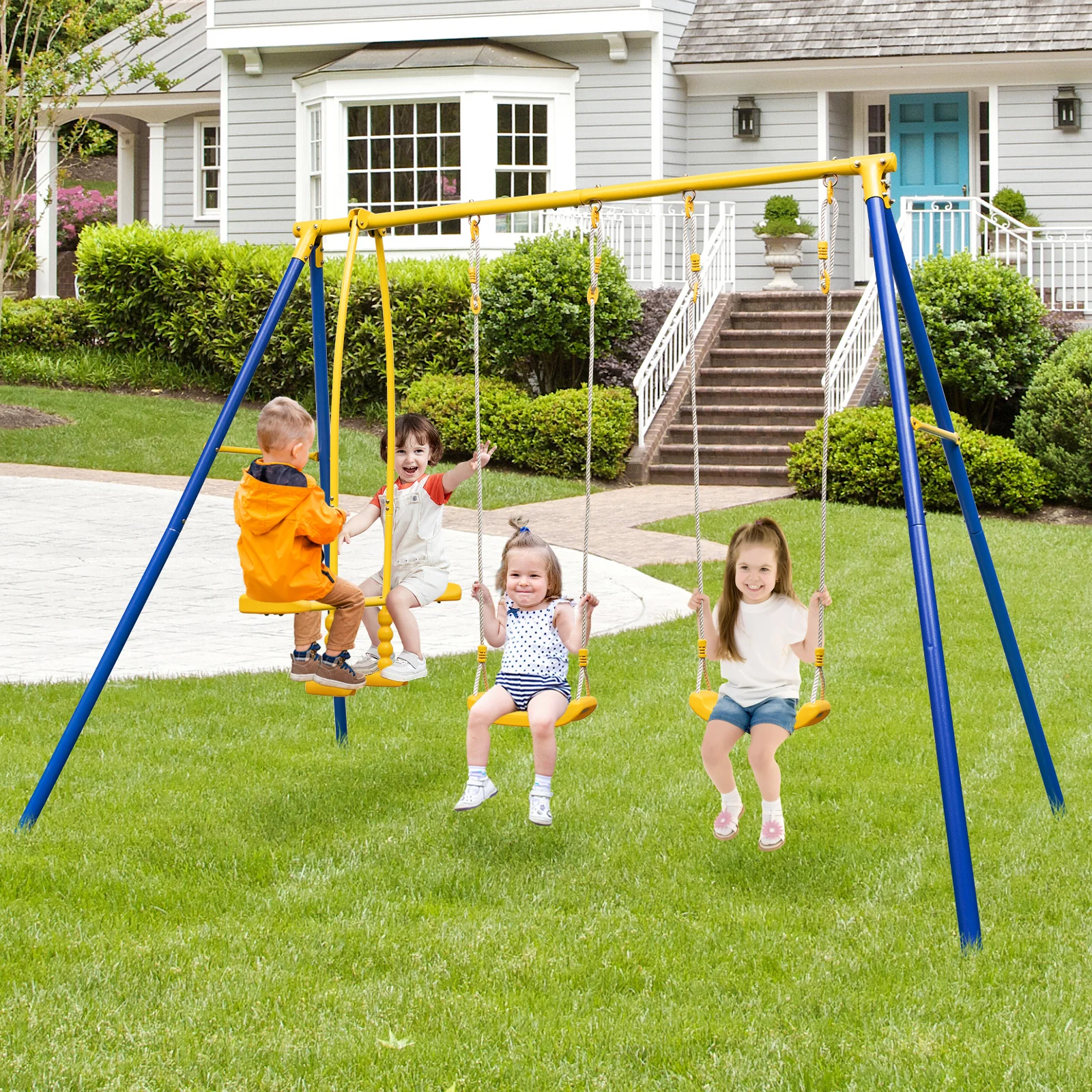 Heavy-Duty Kids Playset with 2 Swing Seats and 2 Glider Seats for Children 3-12 Years Old-Blue - Image 2