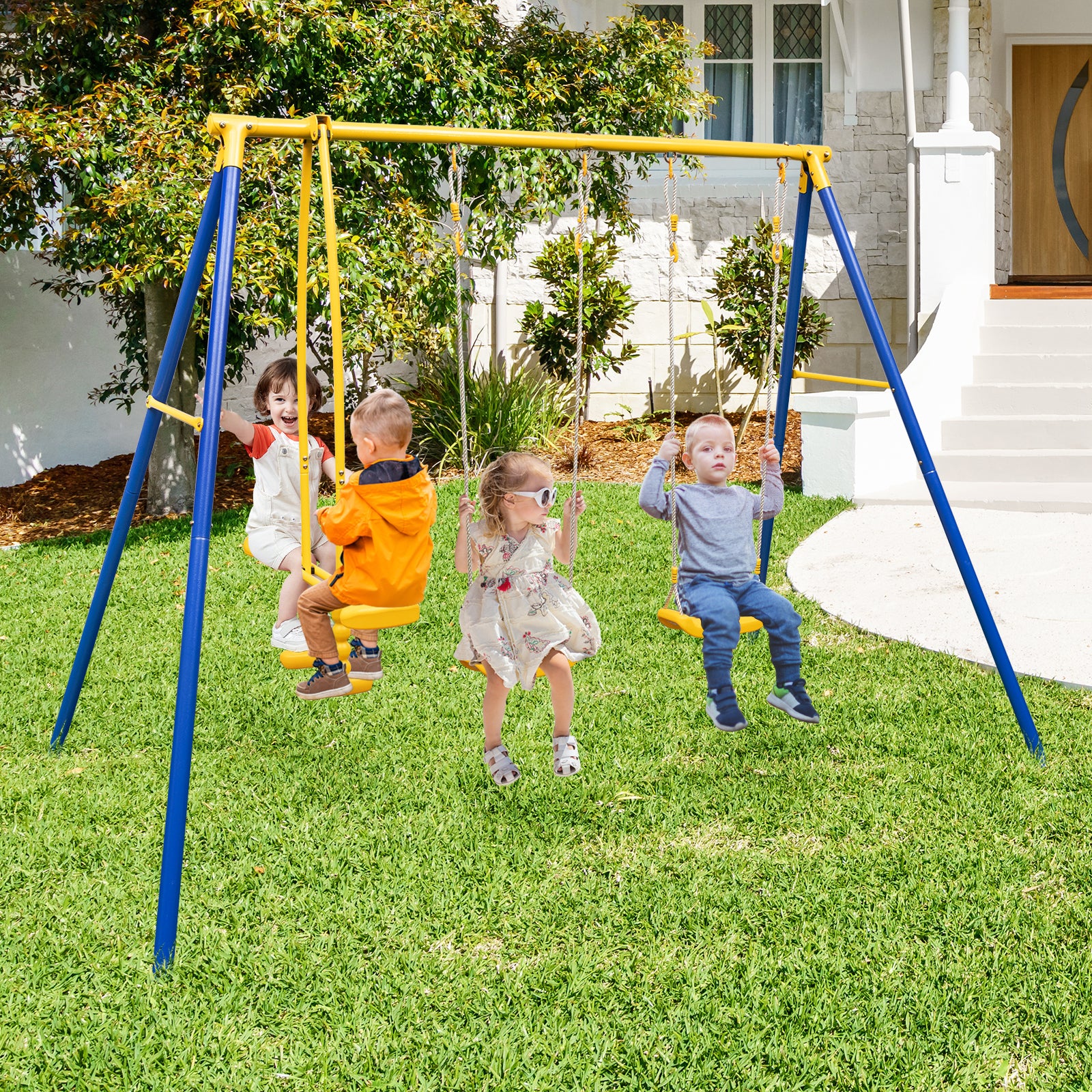 Heavy-Duty Kids Playset with 2 Swing Seats and 2 Glider Seats for Children 3-12 Years Old-Blue - Image 3