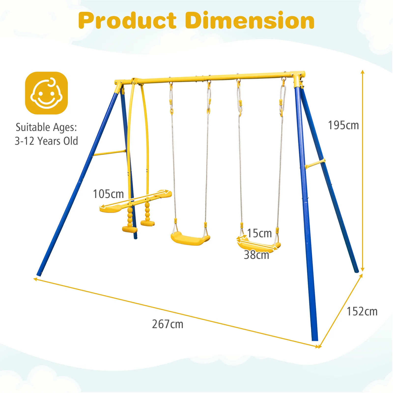 Heavy-Duty Kids Playset with 2 Swing Seats and 2 Glider Seats for Children 3-12 Years Old-Blue - Image 5